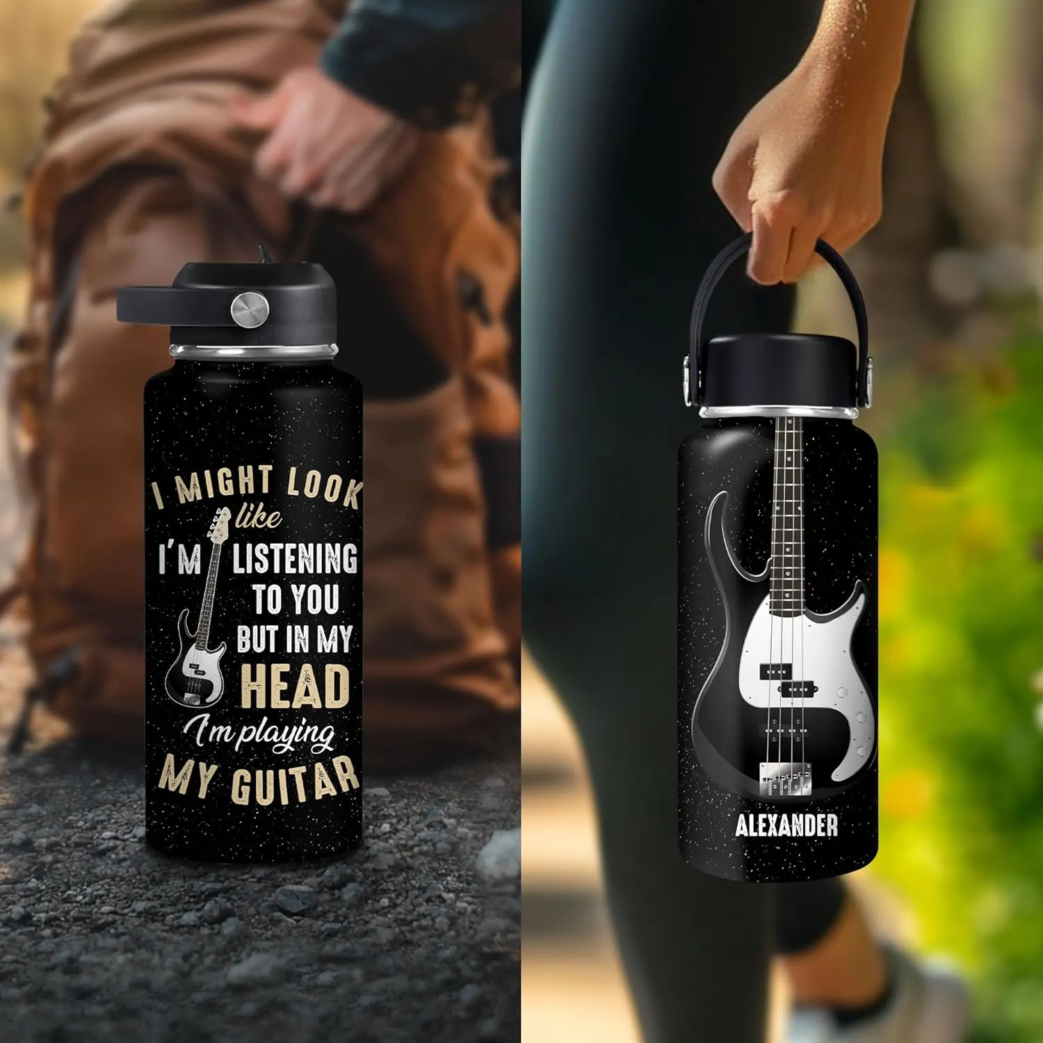 Hyturtle Personalized Guitar Water Bottle - Insulated Stainless Steel Bottle with Leak-Proof Lid 18oz 32oz - Music Lover Gift for Women Men Guitar Lovers - Acoustic & Electric Guitar Gift for Birthday