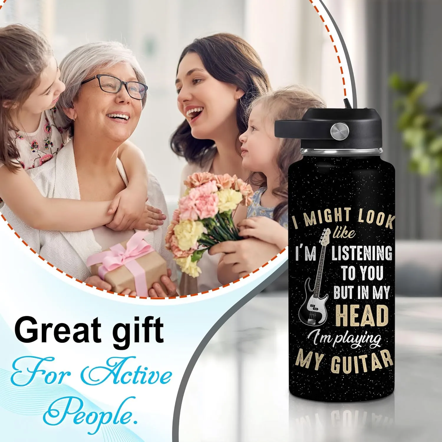 Hyturtle Personalized Guitar Water Bottle - Insulated Stainless Steel Bottle with Leak-Proof Lid 18oz 32oz - Music Lover Gift for Women Men Guitar Lovers - Acoustic & Electric Guitar Gift for Birthday