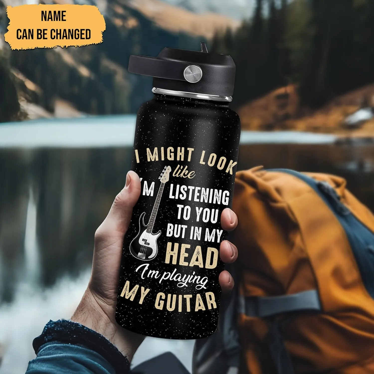 Hyturtle Personalized Guitar Water Bottle - Insulated Stainless Steel Bottle with Leak-Proof Lid 18oz 32oz - Music Lover Gift for Women Men Guitar Lovers - Acoustic & Electric Guitar Gift for Birthday