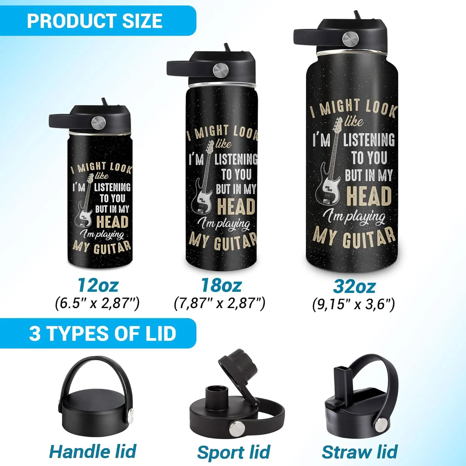 Hyturtle Personalized Guitar Water Bottle - Insulated Stainless Steel Bottle with Leak-Proof Lid 18oz 32oz - Music Lover Gift for Women Men Guitar Lovers - Acoustic & Electric Guitar Gift for Birthday