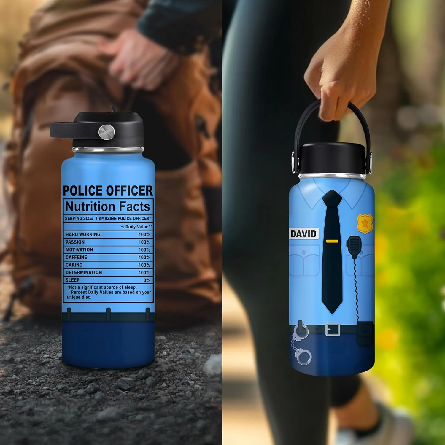 Hyturtle Personalized Police Water Bottle - Insulated Stainless Steel Bottle with Leak-Proof Lid 18 oz 32 oz, Nutrition Facts Gifts for Dad Men - Police Academy Graduation Gifts On Birthday Christmas