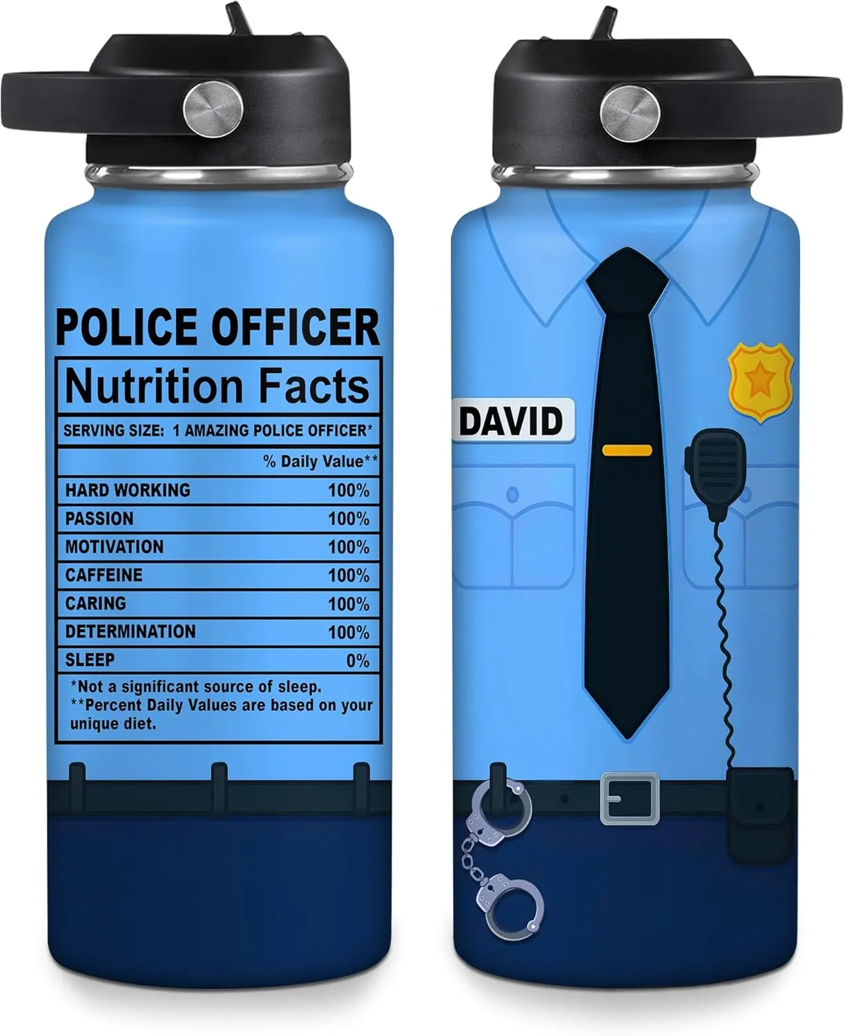 Hyturtle Personalized Police Water Bottle - Insulated Stainless Steel Bottle with Leak-Proof Lid 18 oz 32 oz, Nutrition Facts Gifts for Dad Men - Police Academy Graduation Gifts On Birthday Christmas