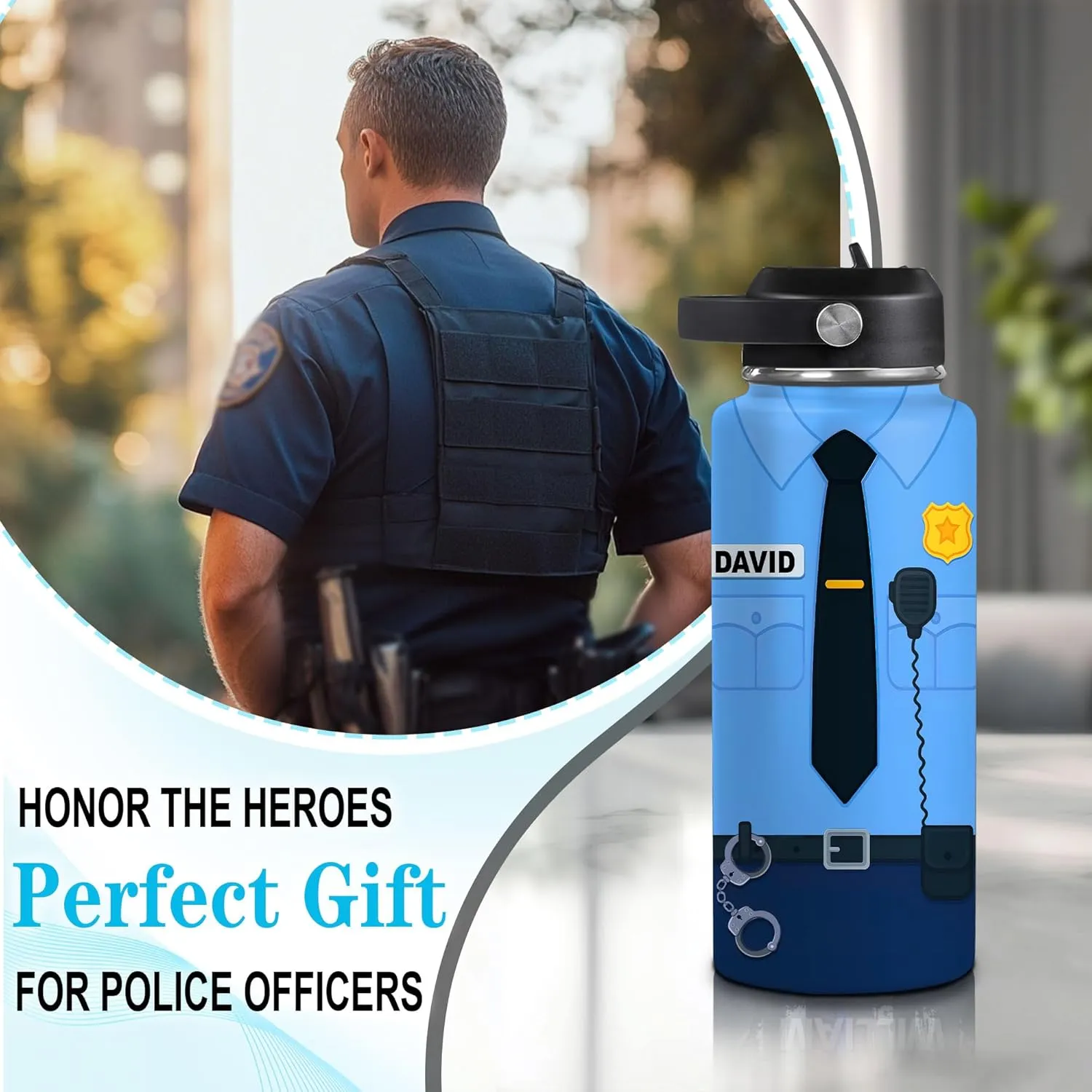 Hyturtle Personalized Police Water Bottle - Insulated Stainless Steel Bottle with Leak-Proof Lid 18 oz 32 oz, Nutrition Facts Gifts for Dad Men - Police Academy Graduation Gifts On Birthday Christmas