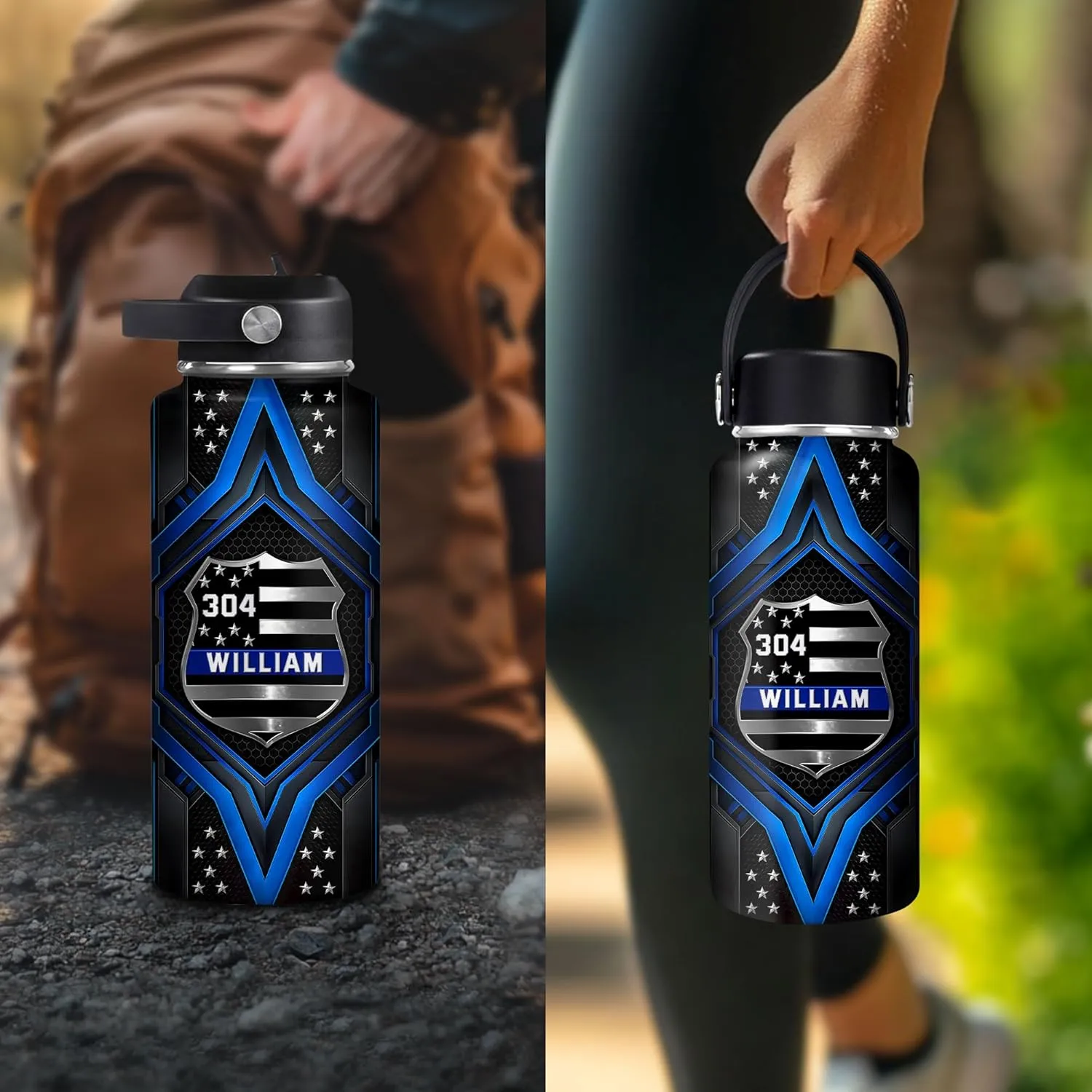 Hyturtle Personalized Police Water Bottle - Insulated Stainless Steel Bottle with Leak-Proof Lid 18 oz 32 oz, Thin Blue Line Flag Gift for Cops, Police Academy Graduation Gifts On Birthday Christmas