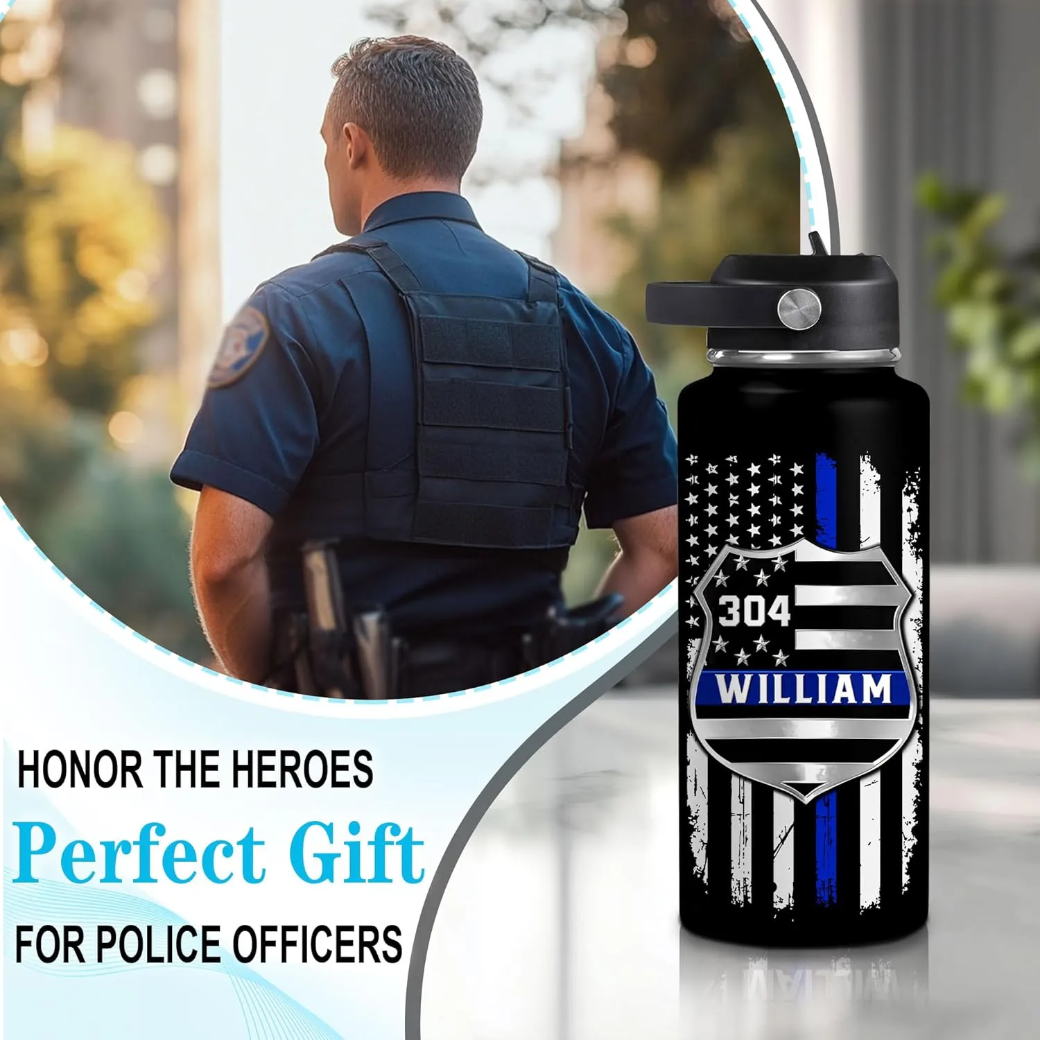 Hyturtle Personalized Police Water Bottle - Insulated Stainless Steel Bottle with Leak-Proof Lid 18 oz 32 oz, Thin Blue Line Flag Gift for Cops, Police Academy Graduation Gifts On Birthday Christmas