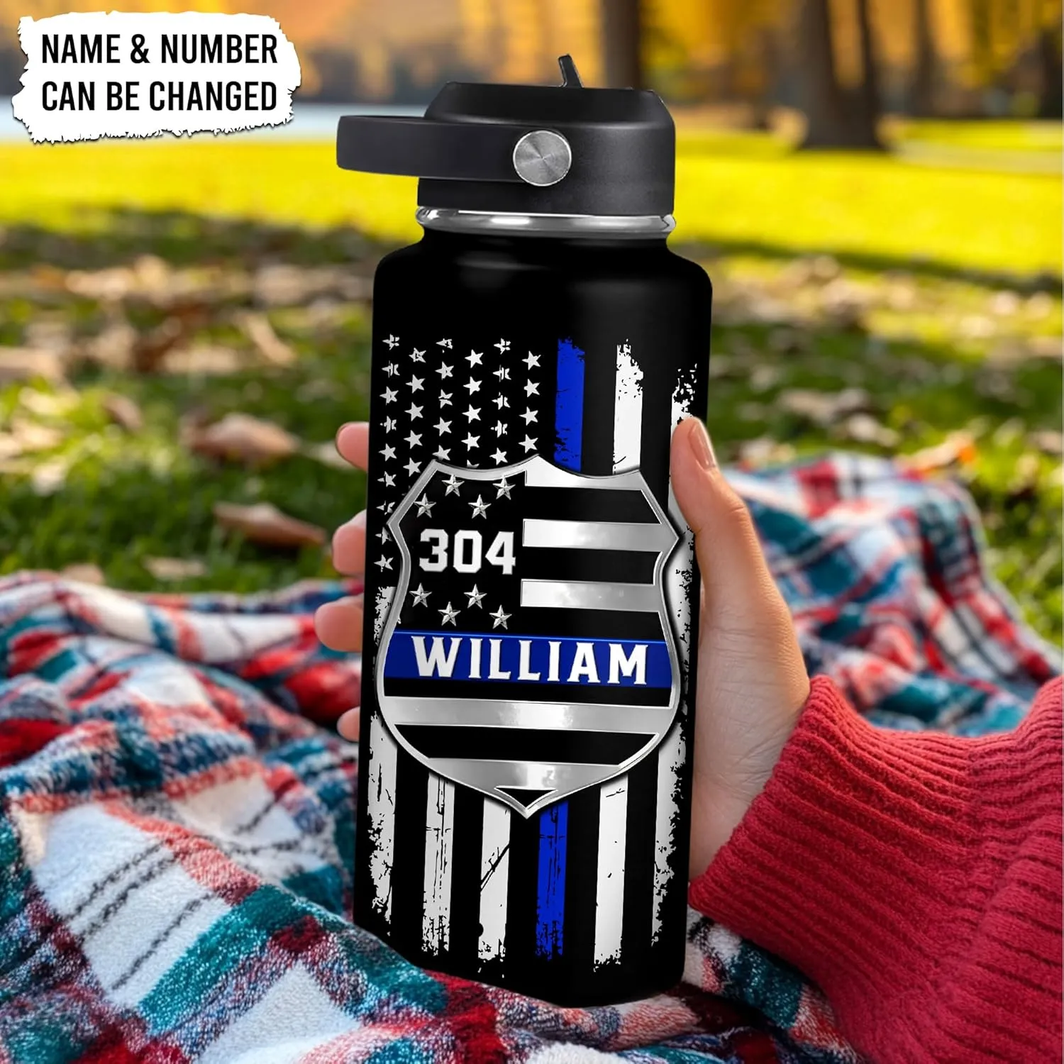 Hyturtle Personalized Police Water Bottle - Insulated Stainless Steel Bottle with Leak-Proof Lid 18 oz 32 oz, Thin Blue Line Flag Gift for Cops, Police Academy Graduation Gifts On Birthday Christmas
