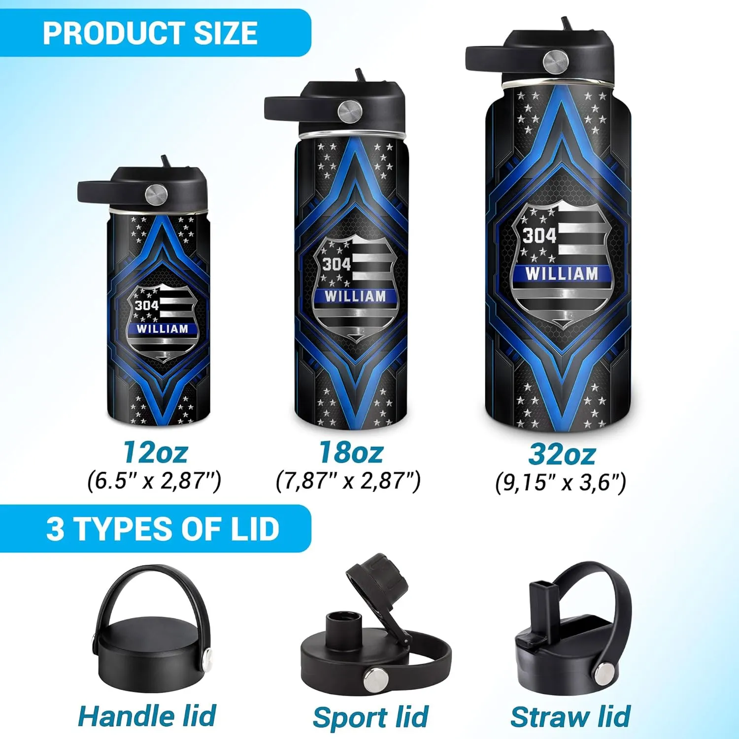 Hyturtle Personalized Police Water Bottle - Insulated Stainless Steel Bottle with Leak-Proof Lid 18 oz 32 oz, Thin Blue Line Flag Gift for Cops, Police Academy Graduation Gifts On Birthday Christmas