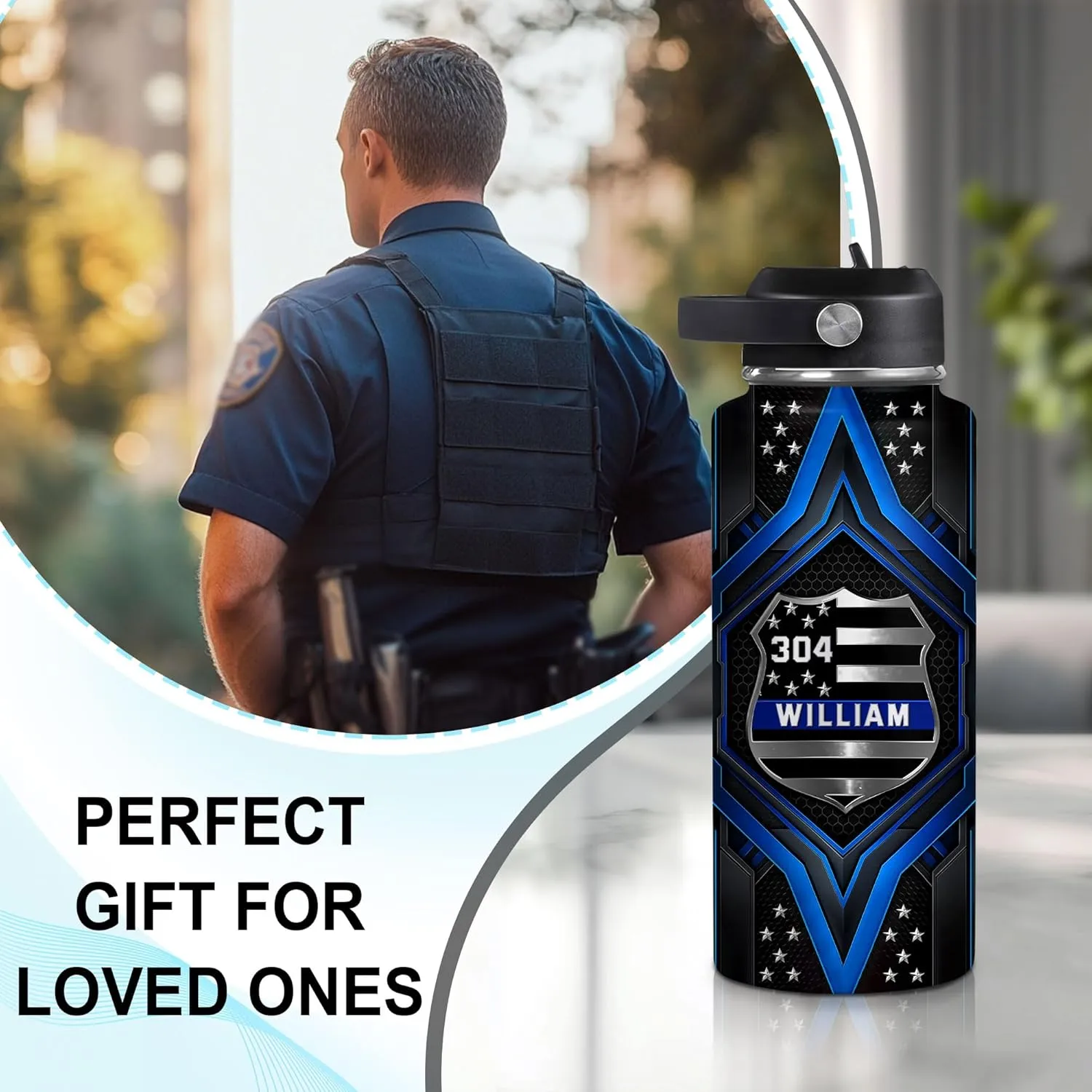 Hyturtle Personalized Police Water Bottle - Insulated Stainless Steel Bottle with Leak-Proof Lid 18 oz 32 oz, Thin Blue Line Flag Gift for Cops, Police Academy Graduation Gifts On Birthday Christmas
