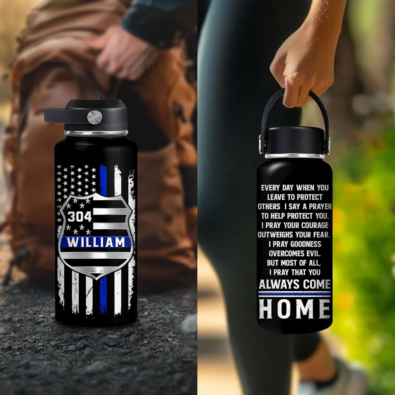 Hyturtle Personalized Police Water Bottle - Insulated Stainless Steel Bottle with Leak-Proof Lid 18 oz 32 oz, Thin Blue Line Flag Gift for Cops, Police Academy Graduation Gifts On Birthday Christmas