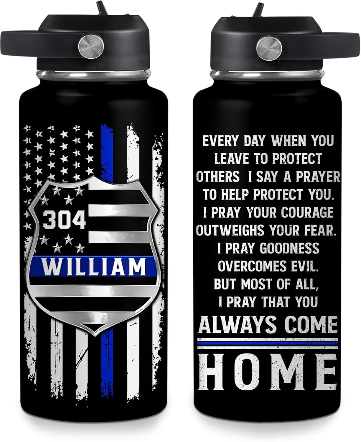 Hyturtle Personalized Police Water Bottle - Insulated Stainless Steel Bottle with Leak-Proof Lid 18 oz 32 oz, Thin Blue Line Flag Gift for Cops, Police Academy Graduation Gifts On Birthday Christmas