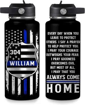 Hyturtle Personalized Police Water Bottle - Insulated Stainless Steel Bottle with Leak-Proof Lid 18 oz 32 oz, Thin Blue Line Flag Gift for Cops, Police Academy Graduation Gifts On Birthday Christmas