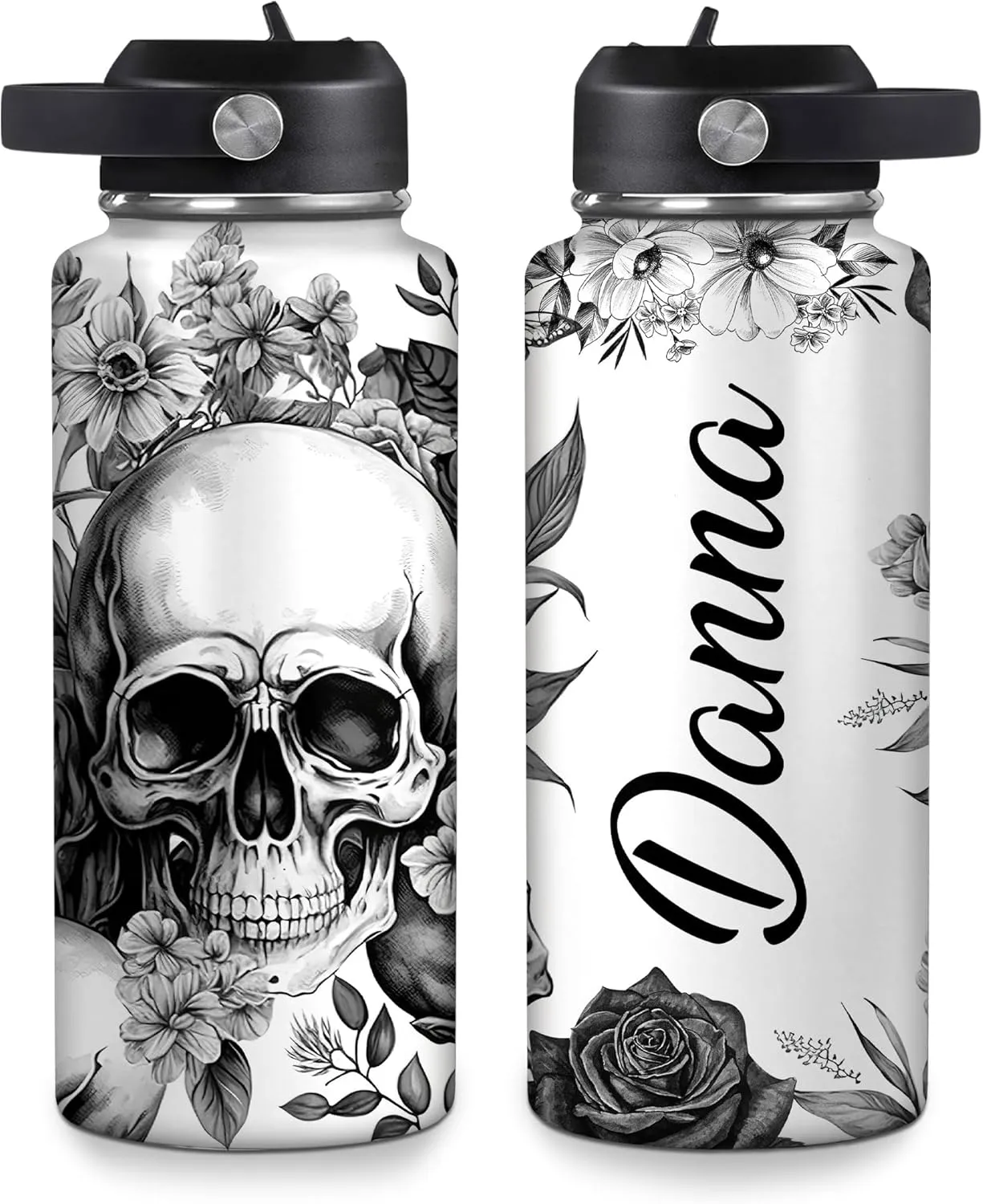Hyturtle Personalized Skull Water Bottle - Travel Insulated Stainless Steel Bottle with Leak-Proof Lid 18oz 32oz - Skull Gift for Women Girls Skull Lovers with Floral Design - Birthday, Christmas Gift
