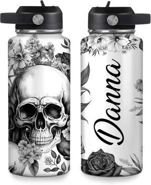 Hyturtle Personalized Skull Water Bottle - Travel Insulated Stainless Steel Bottle with Leak-Proof Lid 18oz 32oz - Skull Gift for Women Girls Skull Lovers with Floral Design - Birthday, Christmas Gift