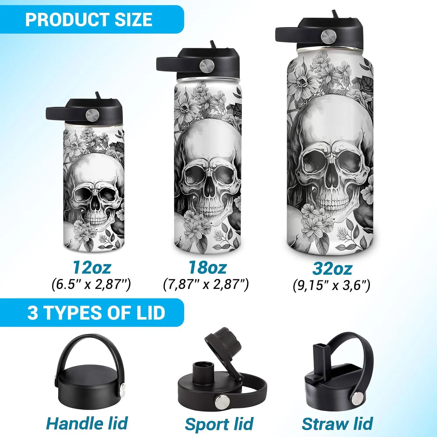 Hyturtle Personalized Skull Water Bottle - Travel Insulated Stainless Steel Bottle with Leak-Proof Lid 18oz 32oz - Skull Gift for Women Girls Skull Lovers with Floral Design - Birthday, Christmas Gift