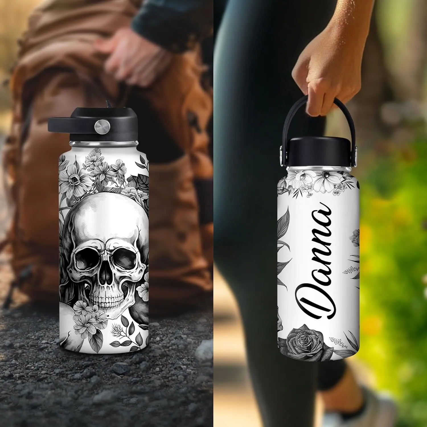 Hyturtle Personalized Skull Water Bottle - Travel Insulated Stainless Steel Bottle with Leak-Proof Lid 18oz 32oz - Skull Gift for Women Girls Skull Lovers with Floral Design - Birthday, Christmas Gift