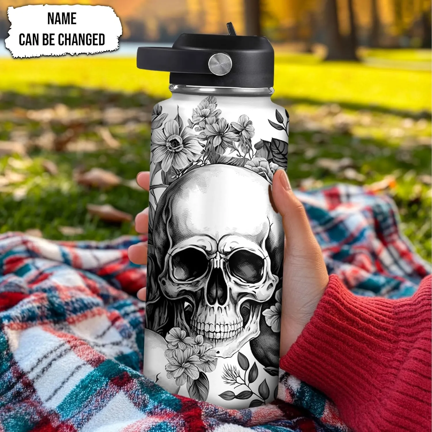 Hyturtle Personalized Skull Water Bottle - Travel Insulated Stainless Steel Bottle with Leak-Proof Lid 18oz 32oz - Skull Gift for Women Girls Skull Lovers with Floral Design - Birthday, Christmas Gift