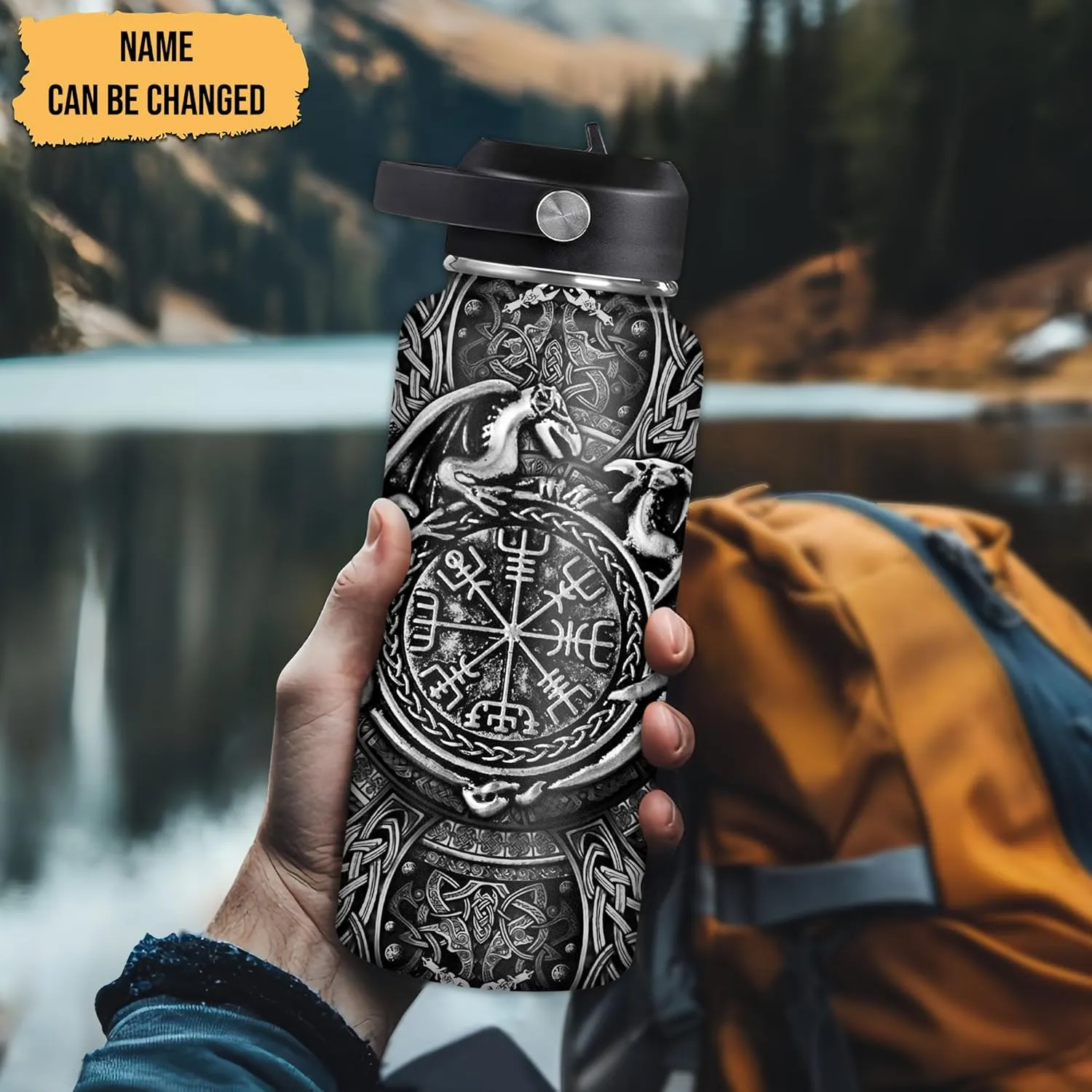 Hyturtle Personalized Viking Water Bottle - Travel Insulated Stainless Steel Bottle with Leak-Proof Lid 18oz 32oz - Dragon Viking Celtic Gifts for Men Dad Dragon Lovers - Birthday & Christmas Gift