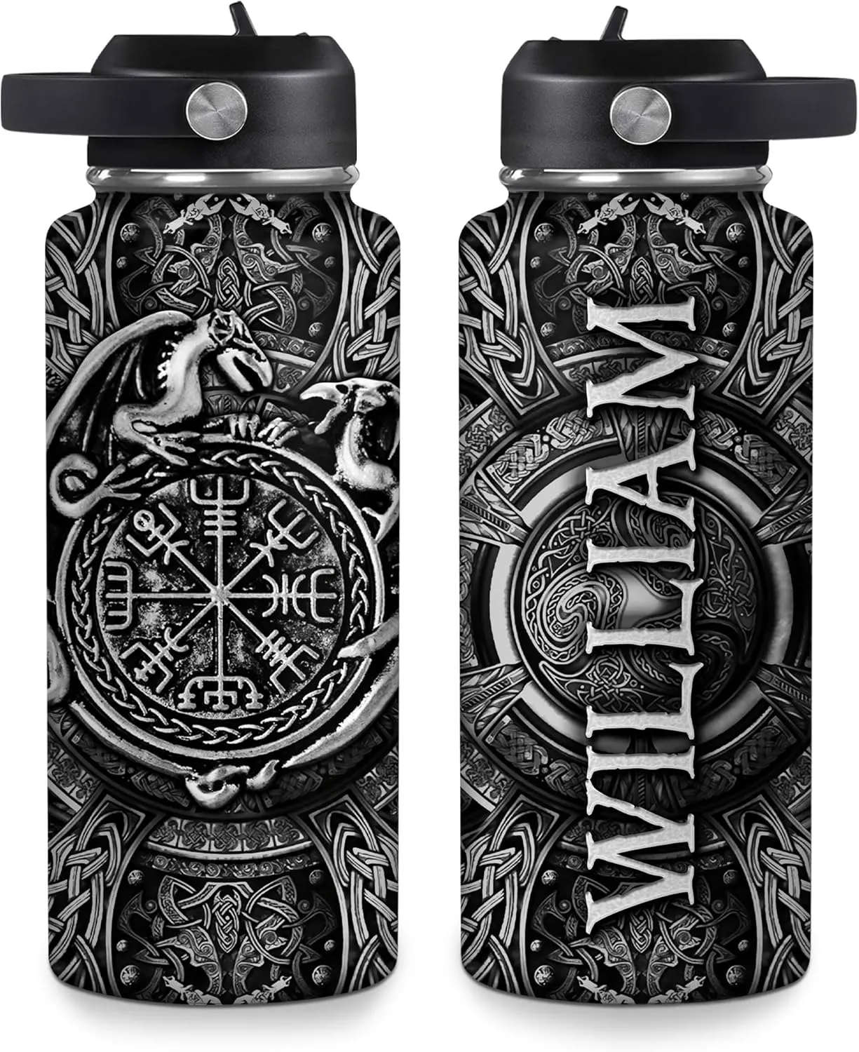 Hyturtle Personalized Viking Water Bottle - Travel Insulated Stainless Steel Bottle with Leak-Proof Lid 18oz 32oz - Dragon Viking Celtic Gifts for Men Dad Dragon Lovers - Birthday & Christmas Gift