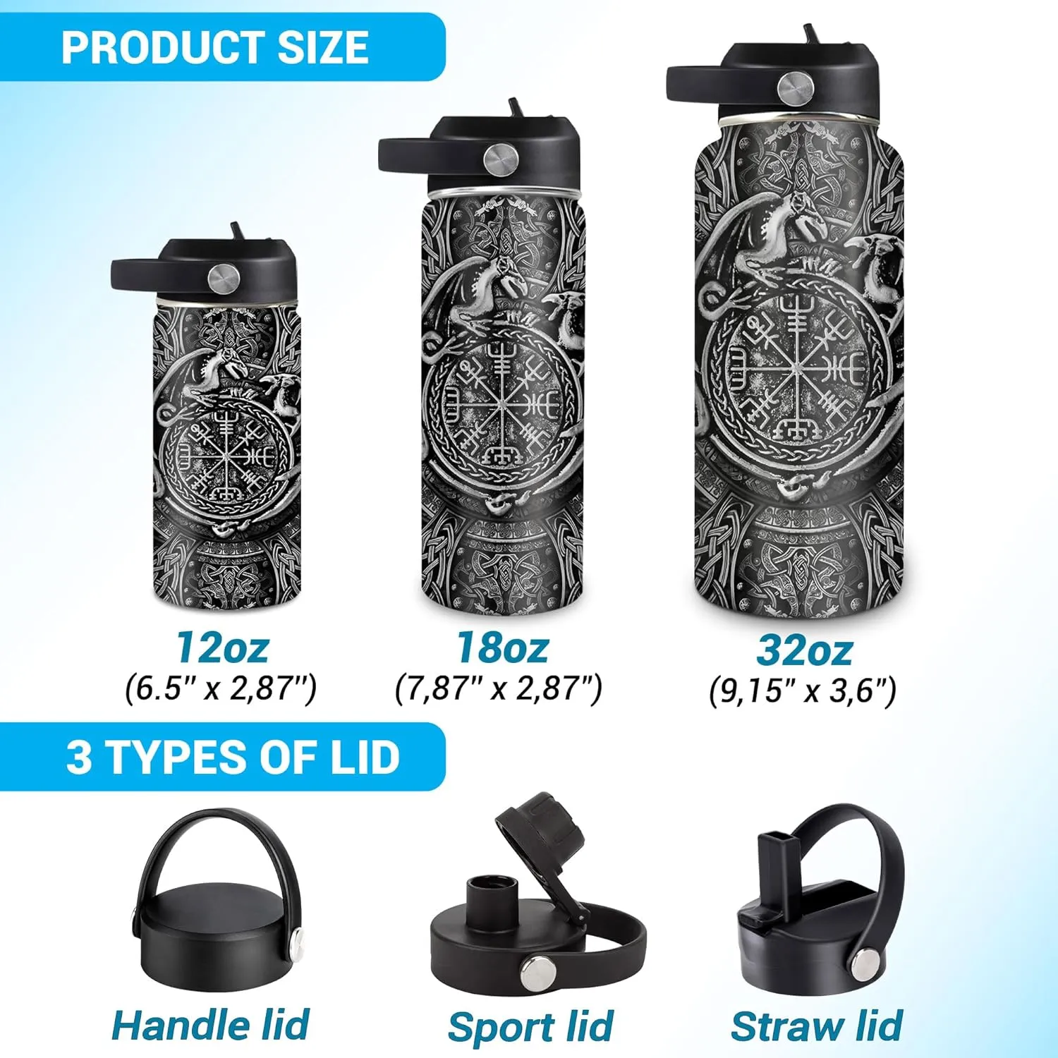Hyturtle Personalized Viking Water Bottle - Travel Insulated Stainless Steel Bottle with Leak-Proof Lid 18oz 32oz - Dragon Viking Celtic Gifts for Men Dad Dragon Lovers - Birthday & Christmas Gift
