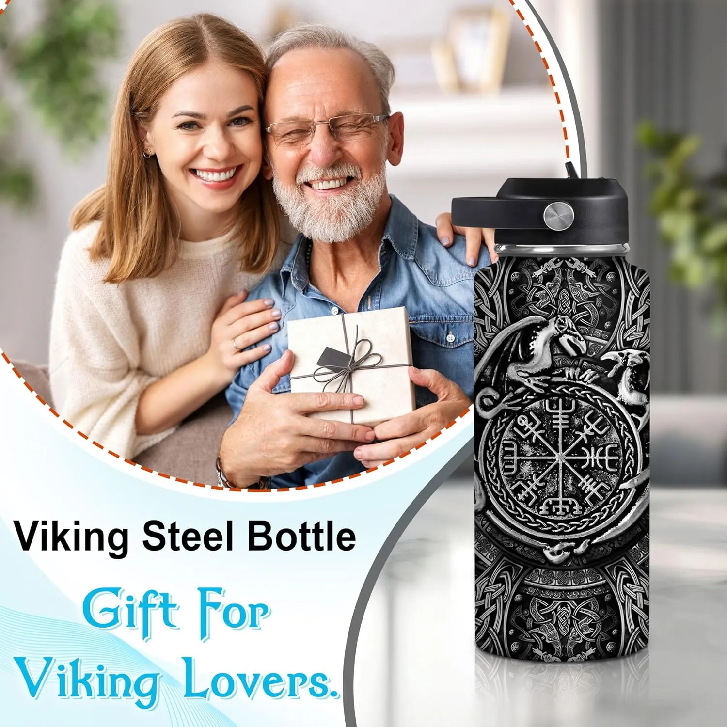 Hyturtle Personalized Viking Water Bottle - Travel Insulated Stainless Steel Bottle with Leak-Proof Lid 18oz 32oz - Dragon Viking Celtic Gifts for Men Dad Dragon Lovers - Birthday & Christmas Gift