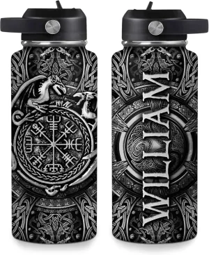 Hyturtle Personalized Viking Water Bottle - Travel Insulated Stainless Steel Bottle with Leak-Proof Lid 18oz 32oz - Dragon Viking Celtic Gifts for Men Dad Dragon Lovers - Birthday & Christmas Gift
