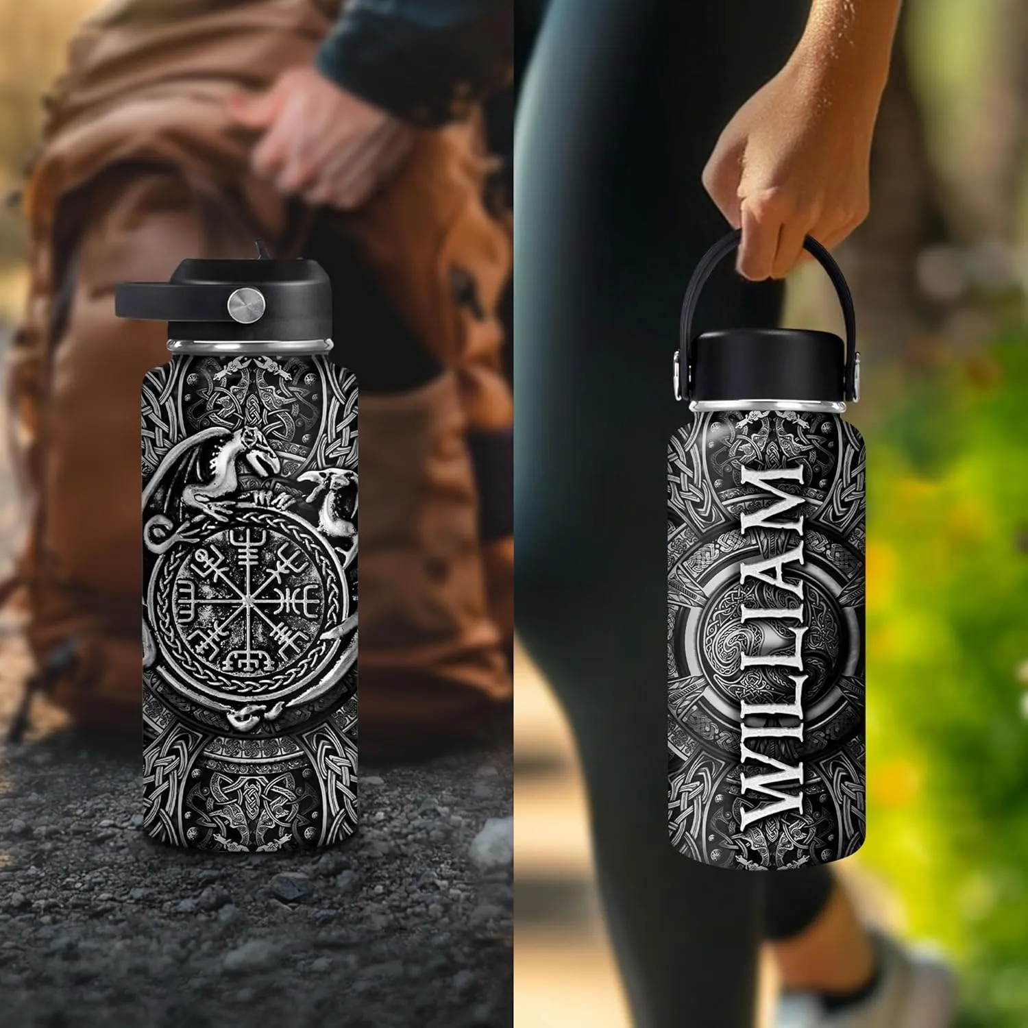 Hyturtle Personalized Viking Water Bottle - Travel Insulated Stainless Steel Bottle with Leak-Proof Lid 18oz 32oz - Dragon Viking Celtic Gifts for Men Dad Dragon Lovers - Birthday & Christmas Gift
