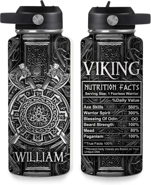 Hyturtle Personalized Viking Water Bottle - Travel Insulated Stainless Steel Bottle with Leak-Proof Lid 18oz 32oz - Viking Celtic Gifts for Men Dad Viking Lovers - Birthday & Christmas Gift