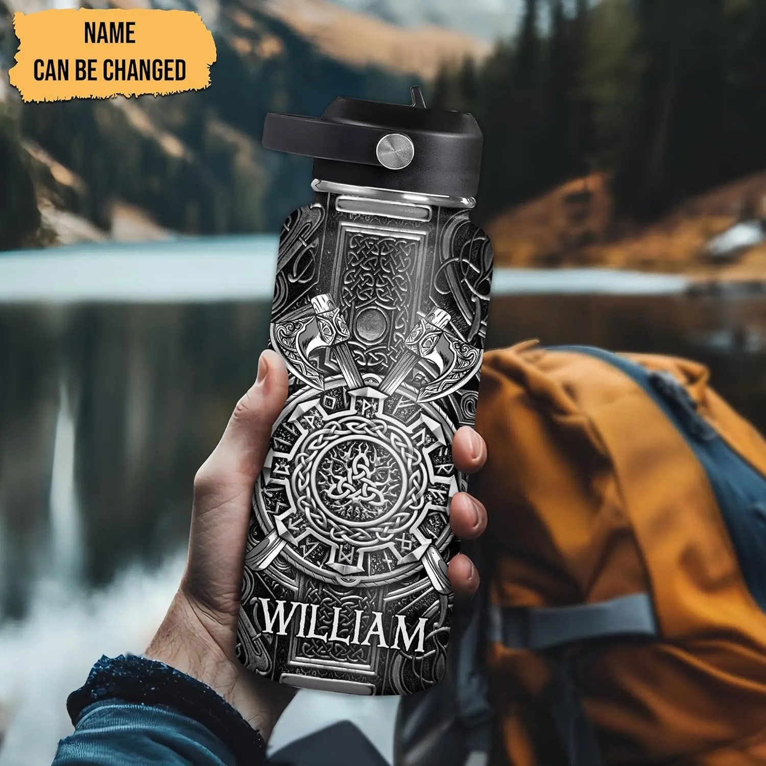 Hyturtle Personalized Viking Water Bottle - Travel Insulated Stainless Steel Bottle with Leak-Proof Lid 18oz 32oz - Viking Celtic Gifts for Men Dad Viking Lovers - Birthday & Christmas Gift