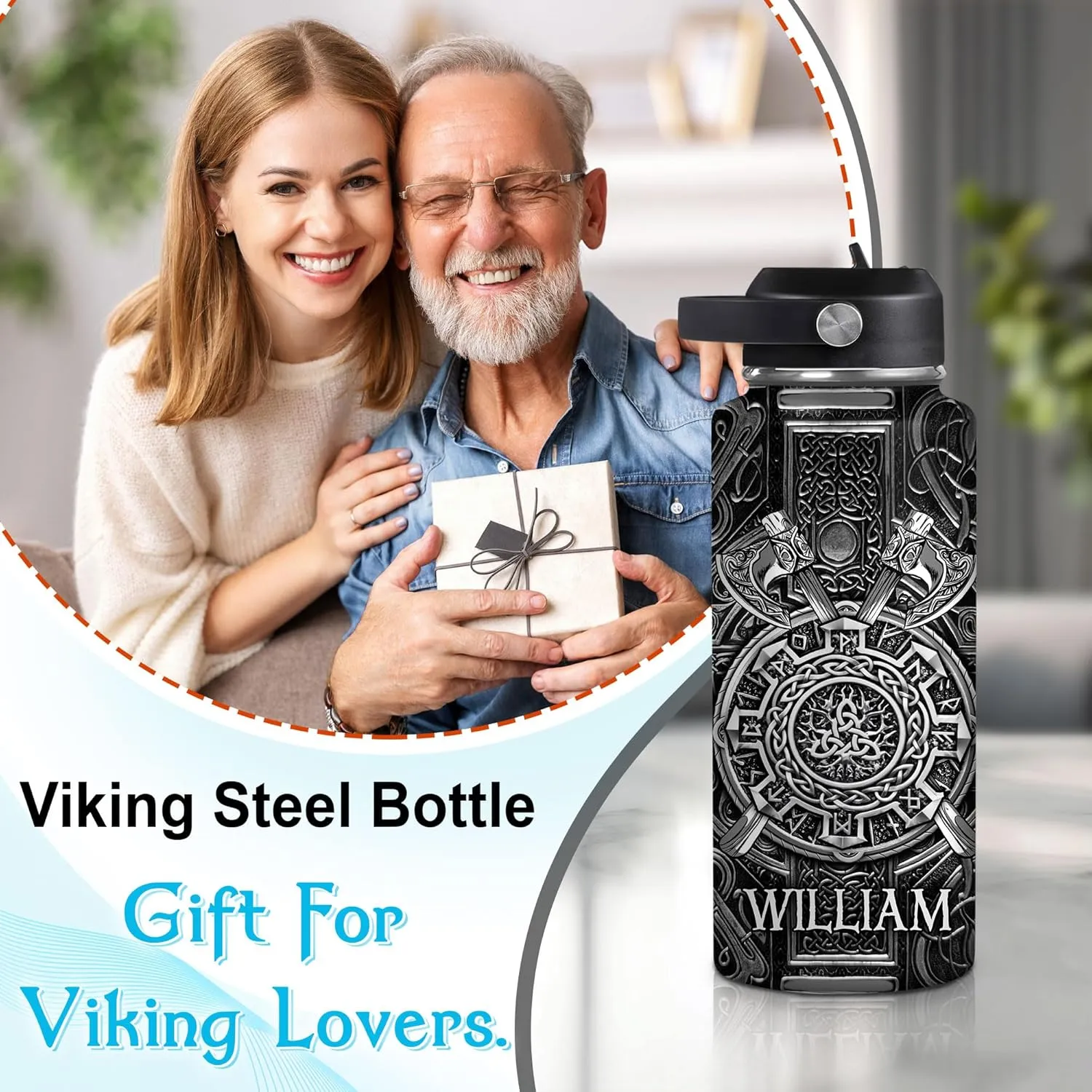 Hyturtle Personalized Viking Water Bottle - Travel Insulated Stainless Steel Bottle with Leak-Proof Lid 18oz 32oz - Viking Celtic Gifts for Men Dad Viking Lovers - Birthday & Christmas Gift