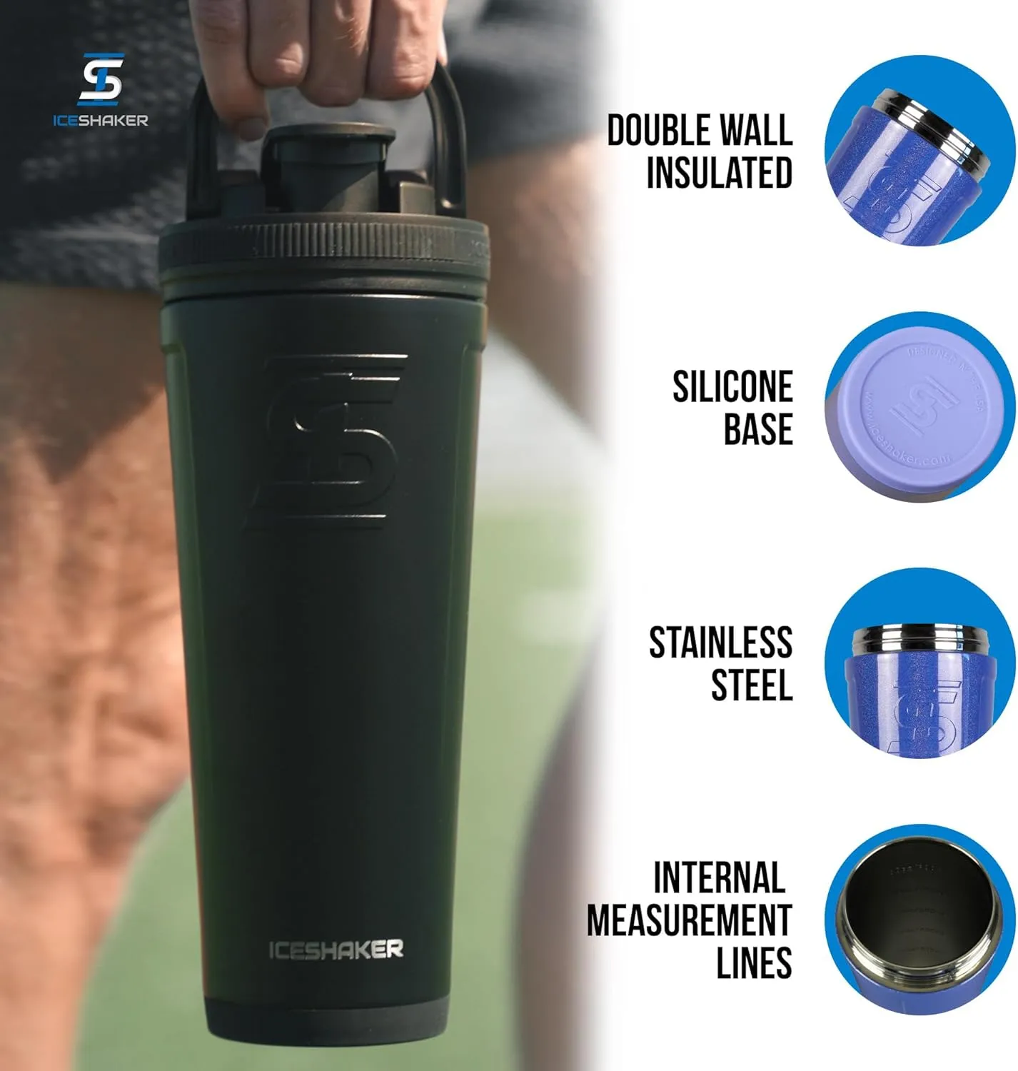 Ice Shaker 26 Oz Stainless Steel Shaker Bottle, Lilac Dreaming - Insulated Gym Water Bottle with Patented Agitator, Reusable for Workouts, Smoothies, Sports
