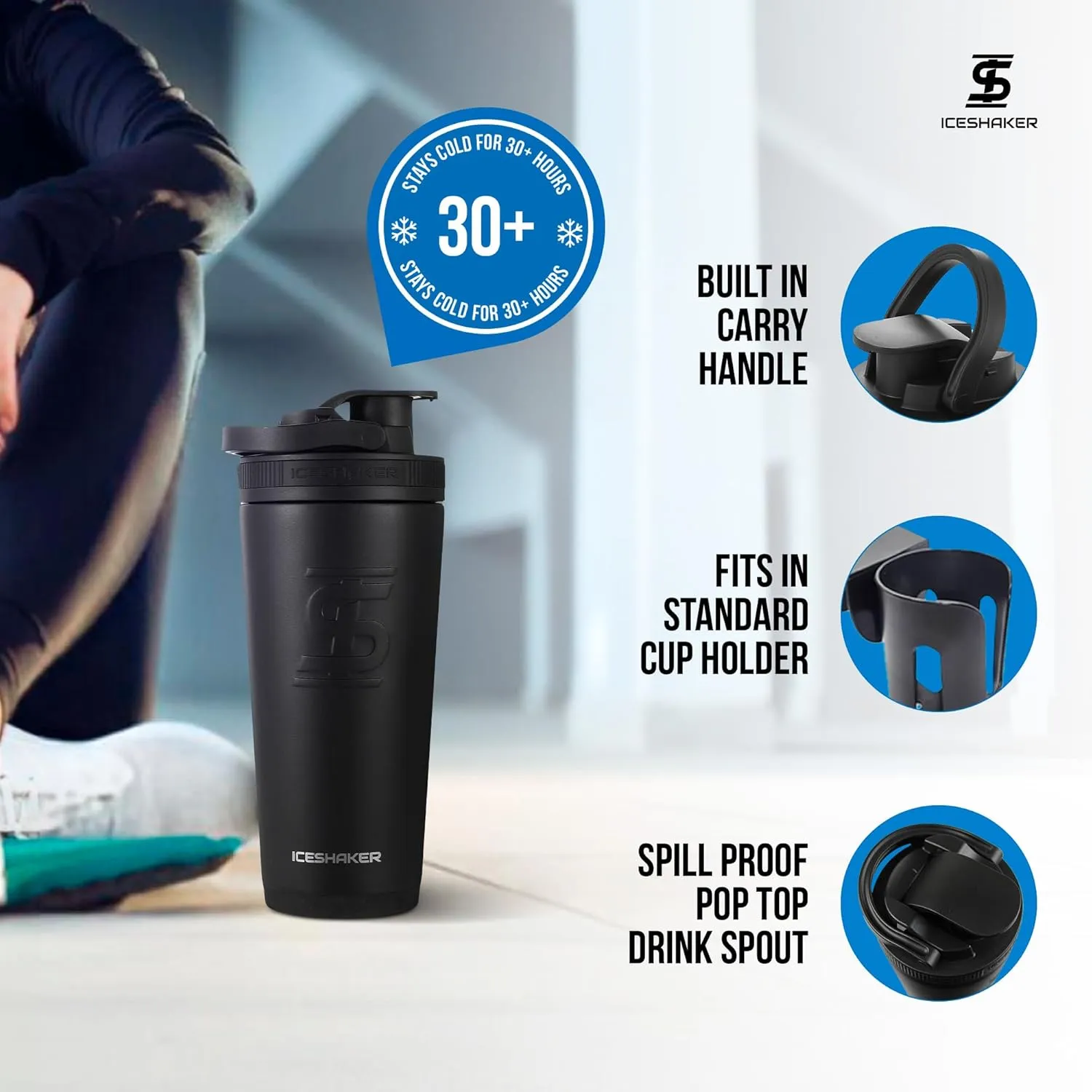 Ice Shaker Insulated Stainless Steel Shaker Bottle | 26oz, Black | Cold for 30  Hours | Insulated Cup with Twist-on Agitator | Odor-Free Bottle for Protein Shakes, Water, Smoothies, Cocktails