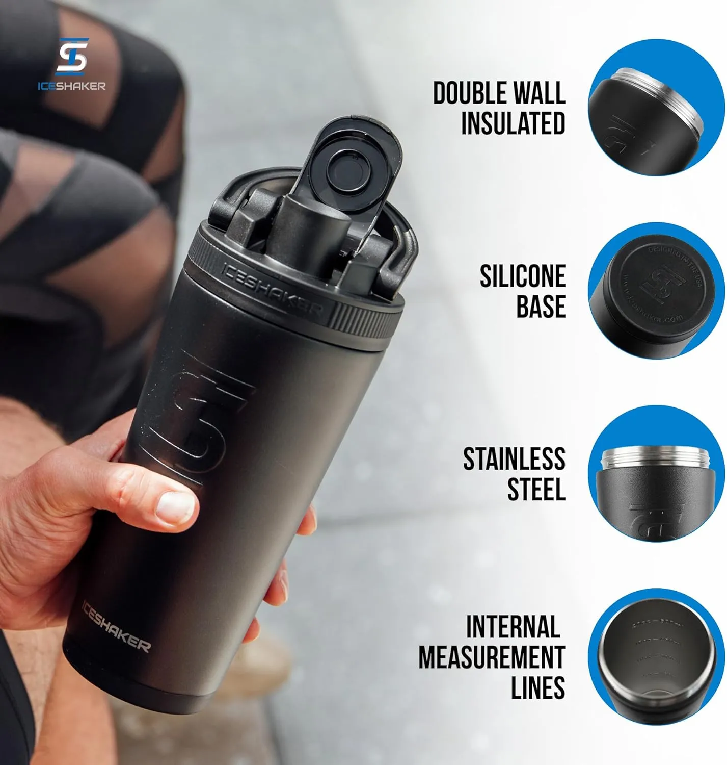 Ice Shaker Insulated Stainless Steel Shaker Bottle | 26oz, Black | Cold for 30  Hours | Insulated Cup with Twist-on Agitator | Odor-Free Bottle for Protein Shakes, Water, Smoothies, Cocktails