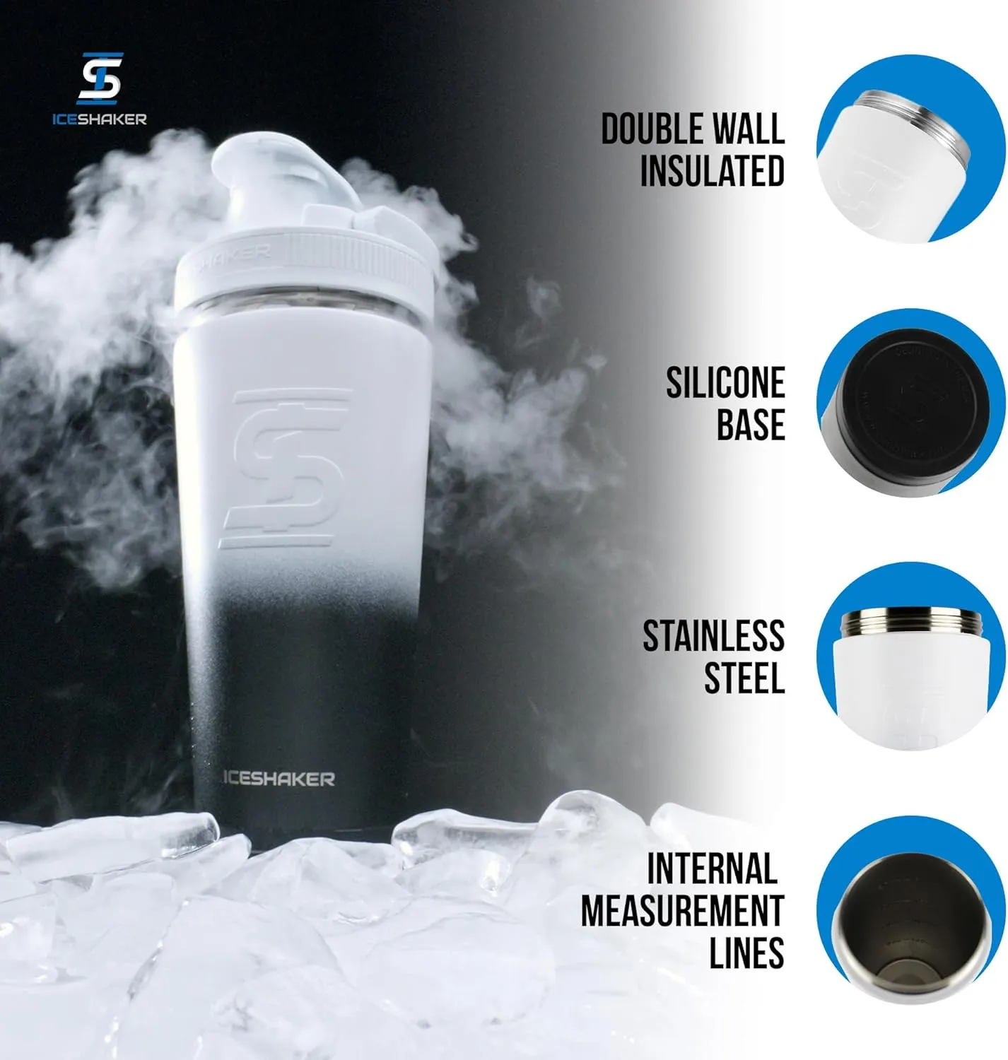 Ice Shaker Stainless Steel Shaker Bottle | 26oz, Black White Ombre | Stays Cold for 30  Hours | Insulated Cup with Twist-on Agitator | Odor-Free Shaker Cup for Protein Shakes, Water, Smoothies
