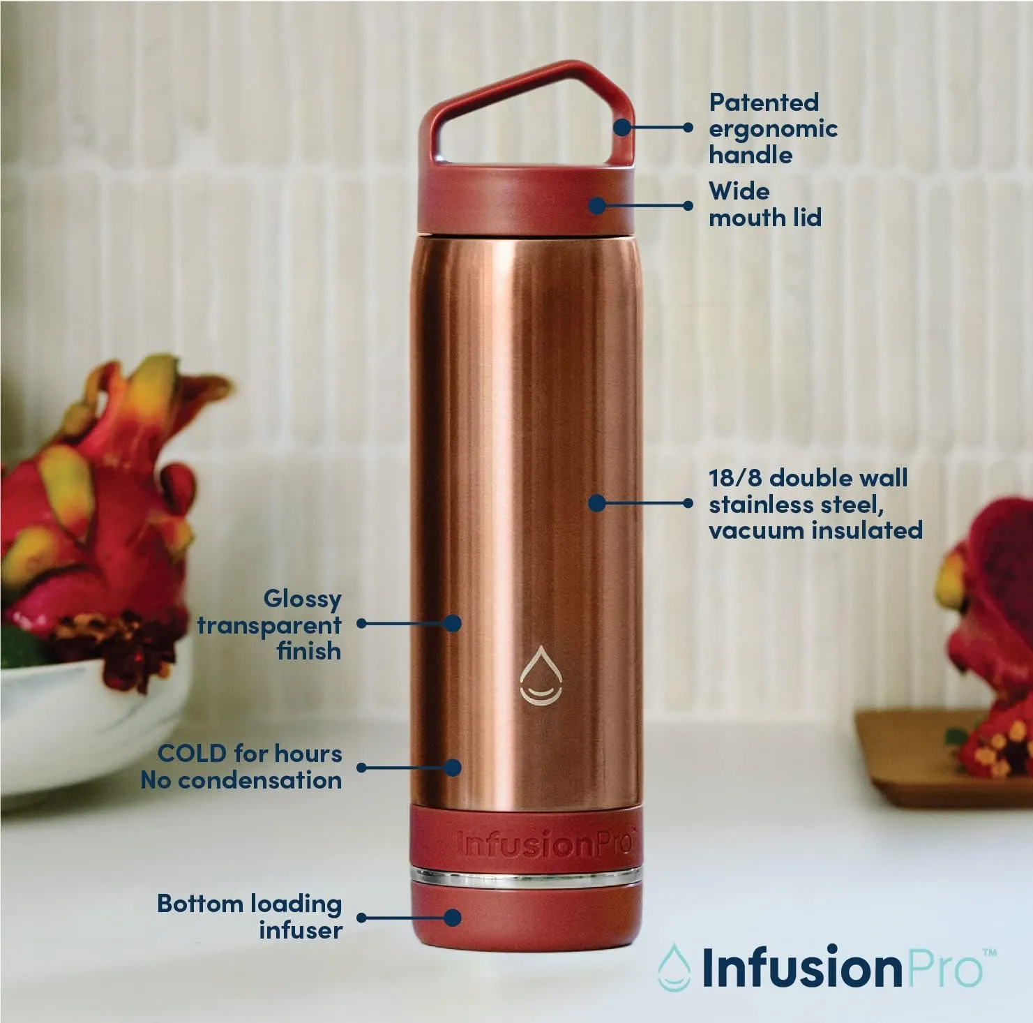 Infusion Pro Fruit Infuser Water Bottle - Vacuum Insulated (20 oz) Stainless Steel : Fruit Infusion Recipe eBook : Bottom Loading for More Flavor : Easy Cleaning : Great Gift
