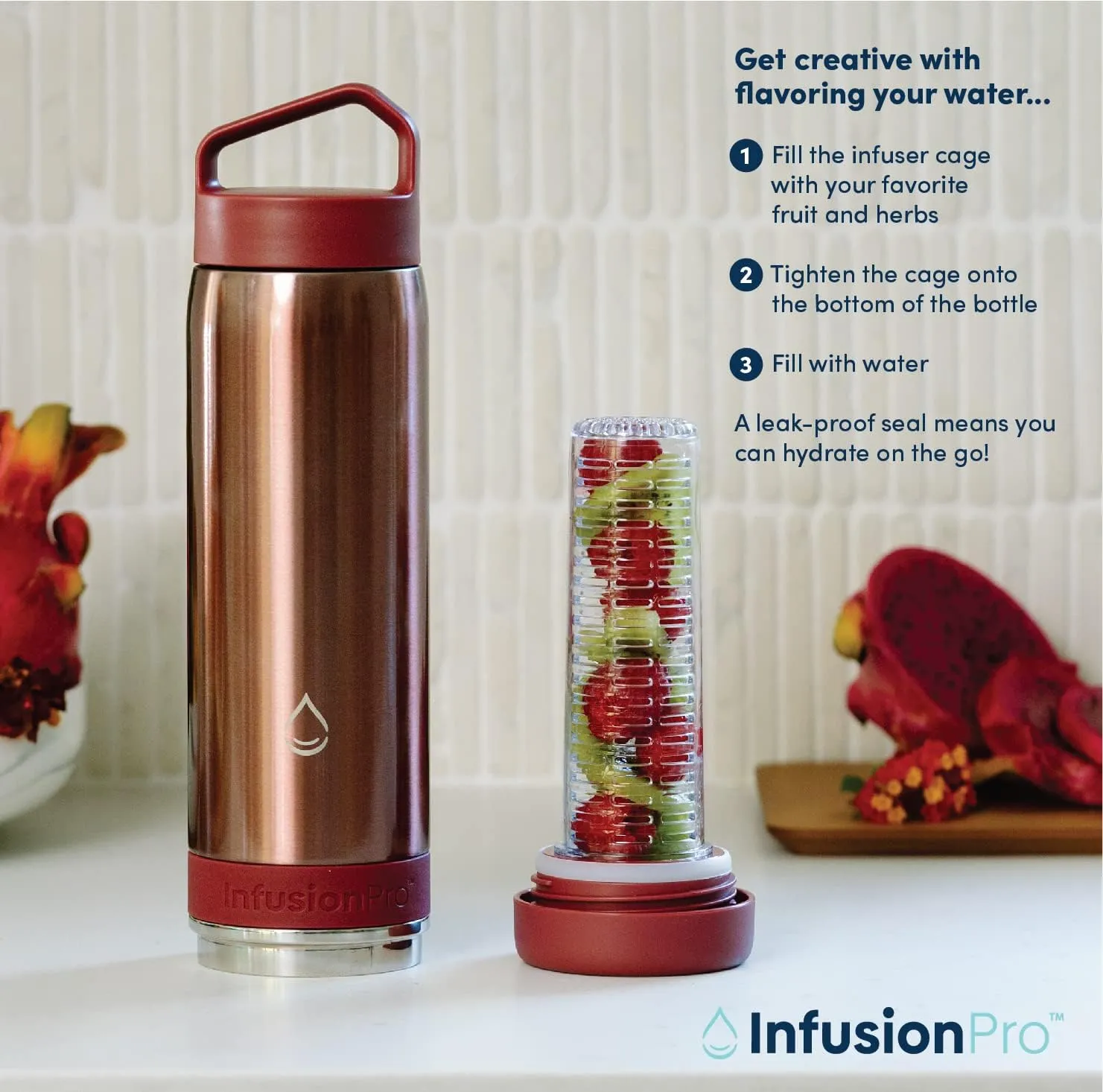 Infusion Pro Fruit Infuser Water Bottle - Vacuum Insulated (20 oz) Stainless Steel : Fruit Infusion Recipe eBook : Bottom Loading for More Flavor : Easy Cleaning : Great Gift