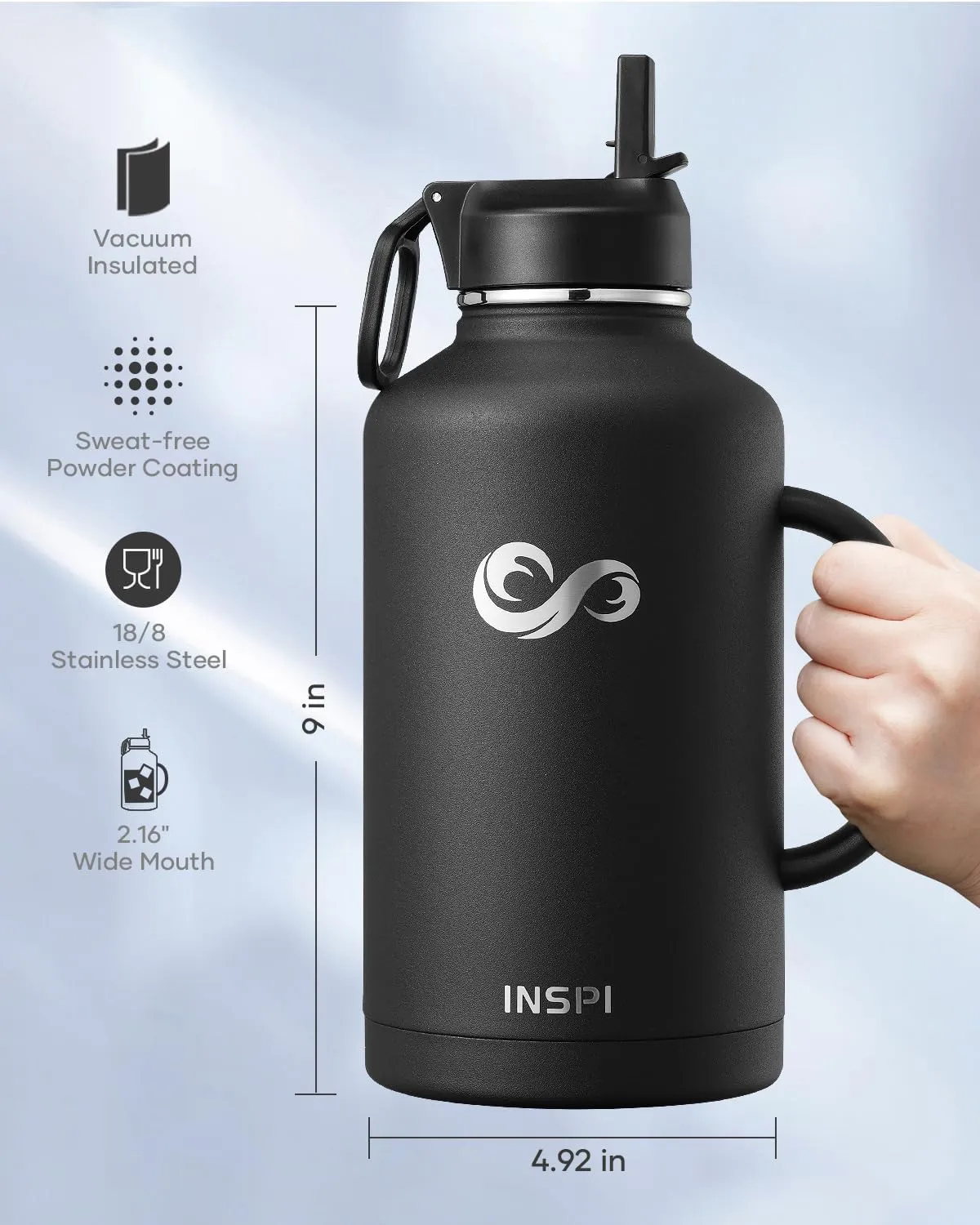 INSPI Insulated Water Bottle 64oz with Handle, Double Wall Vacuum Stainless Steel Water Bottles with Straw & 2 Lids, Half Gallon Metal Large Jug with Carry Pouch for Outdoor Sports, Black
