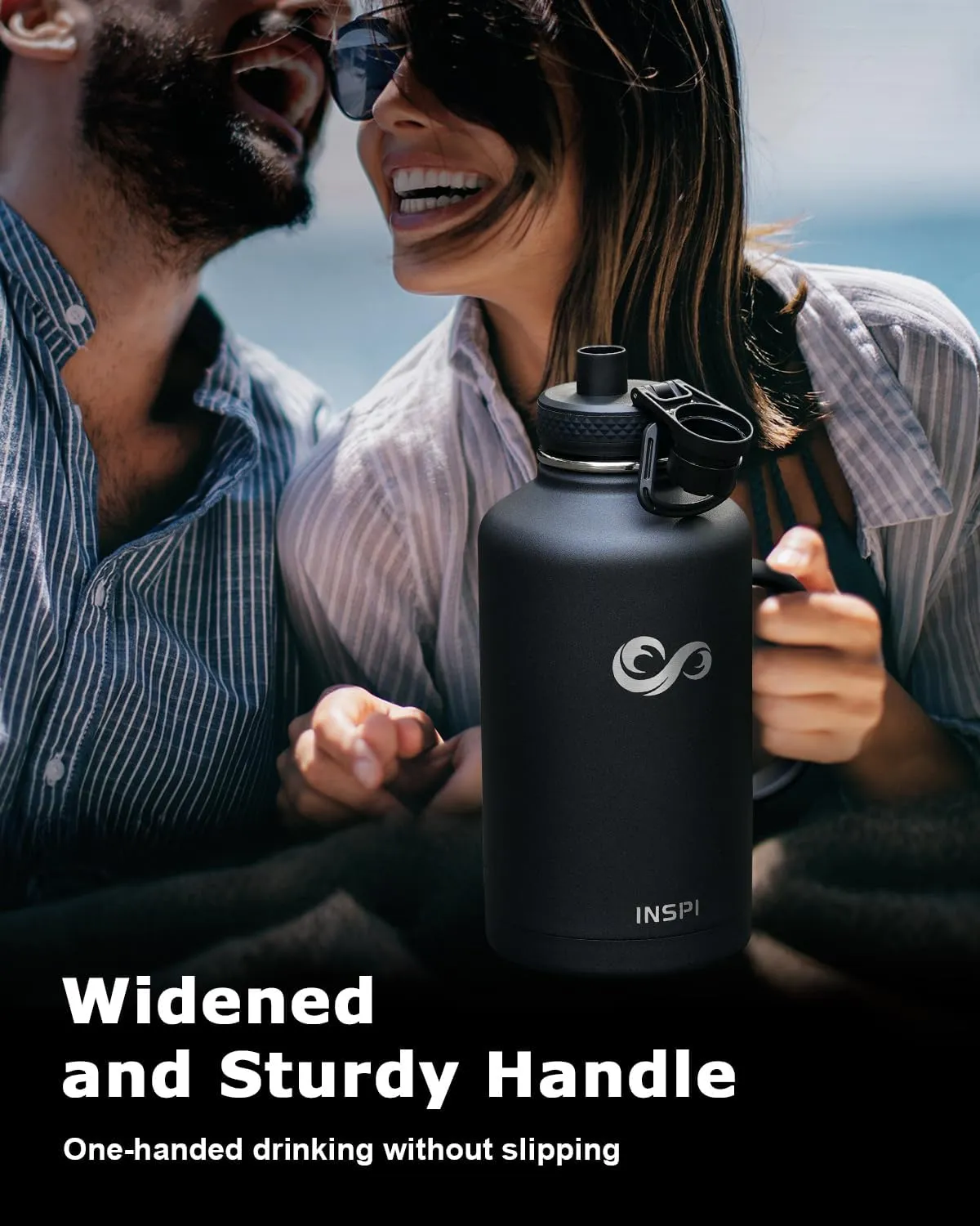 INSPI Insulated Water Bottle 64oz with Handle, Double Wall Vacuum Stainless Steel Water Bottles with Straw & 2 Lids, Half Gallon Metal Large Jug with Carry Pouch for Outdoor Sports, Black