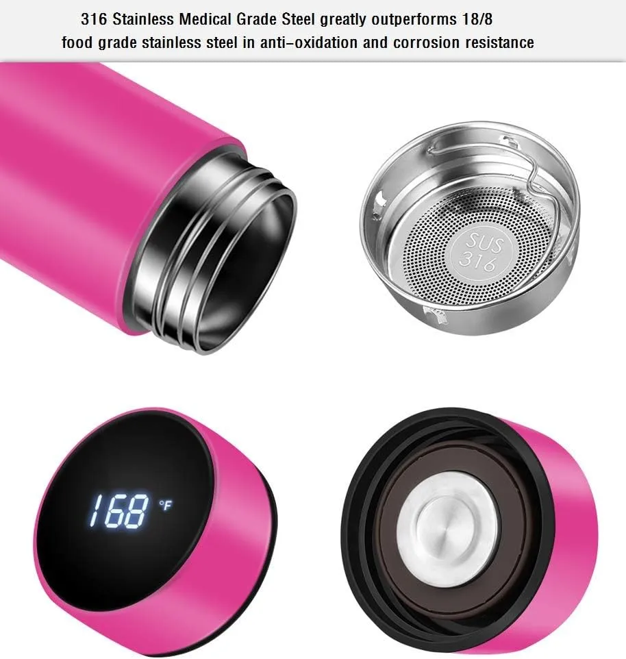 Insulated bottle,Coffee bottle,Tea Infuser Bottle,Smart Sports Water Bottle with LED Temperature Display,Double Wall Vacuum Insulated Water Bottle, Stay Hot for 24 Hrs,Cold for 24 Hrs (Rose)