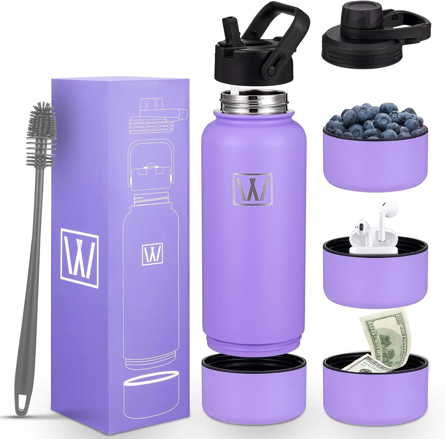 Insulated Sports Water Bottle - WONGLE 32 oz Water Bottle with Discrete Storage Compartment, 2 lids, Straw, Hot & Cold Double-Walled Vacuum Insulated Stainless Steel Gym & Thermos Bottle (Lavender)