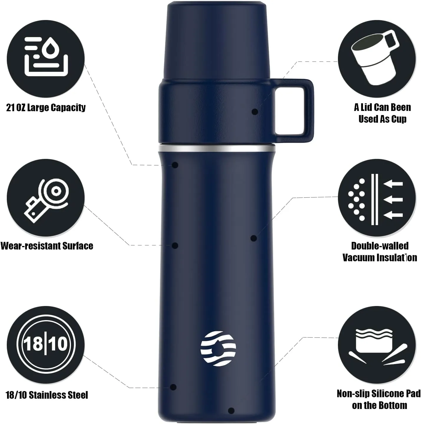 Insulated Stainless Steel Water Bottle with Cup, 21 OZ, Double-Walled Thermal for Hot & Cold Drinks, Blue