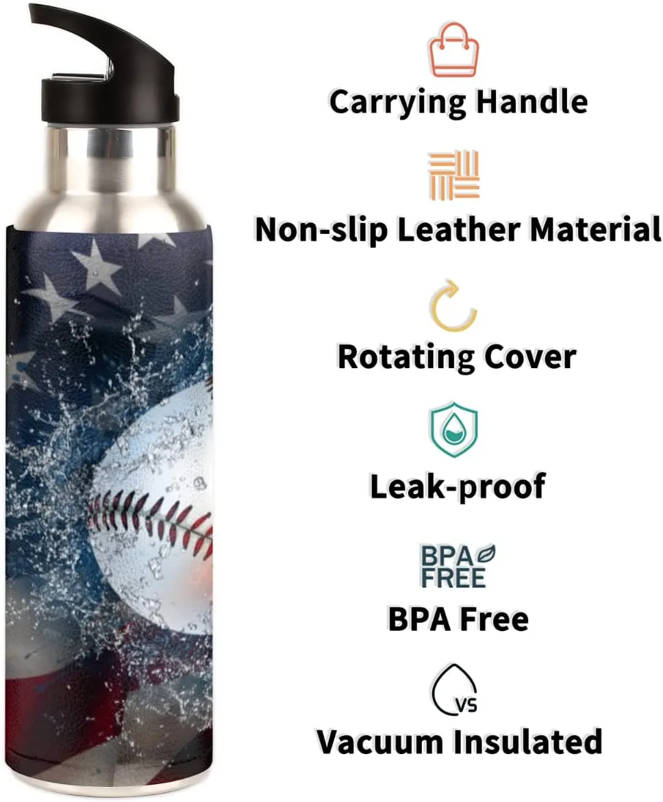 Insulated Stainless Steel Water Bottle with Straw 20oz Red Blue Usa Flag Sport Baseball Sports Water Bottles BPA Free Leakproof Metal Vacuum Flask Jug for Kids Gym Fitness
