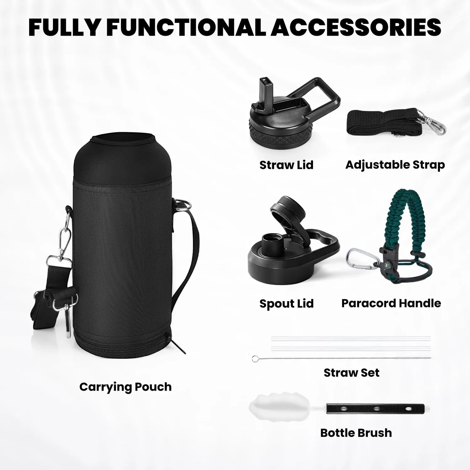 Insulated Water Bottle 32 oz, Triple Wall Vacuum Stainless Steel (Cold for 48 Hrs), Leak Proof & Non-BPA, Modern Water Flask Jug with Paracord Handle & Straw Spout Lids, Dark Green