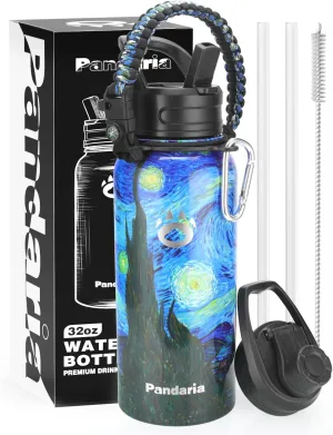 Insulated Water Bottle 32oz, Stainless Steel Water Bottle with Straw & Spout Lids & Paracord Handle