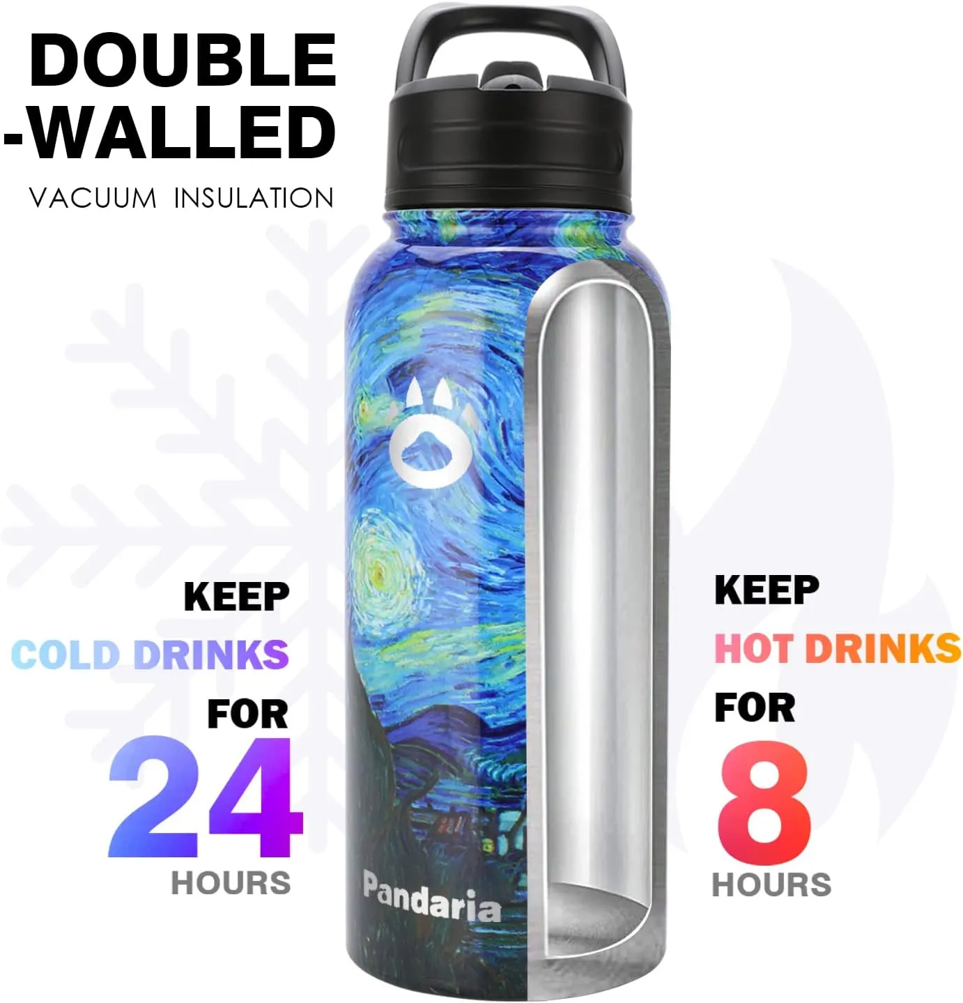Insulated Water Bottle 32oz, Stainless Steel Water Bottle with Straw & Spout Lids & Paracord Handle