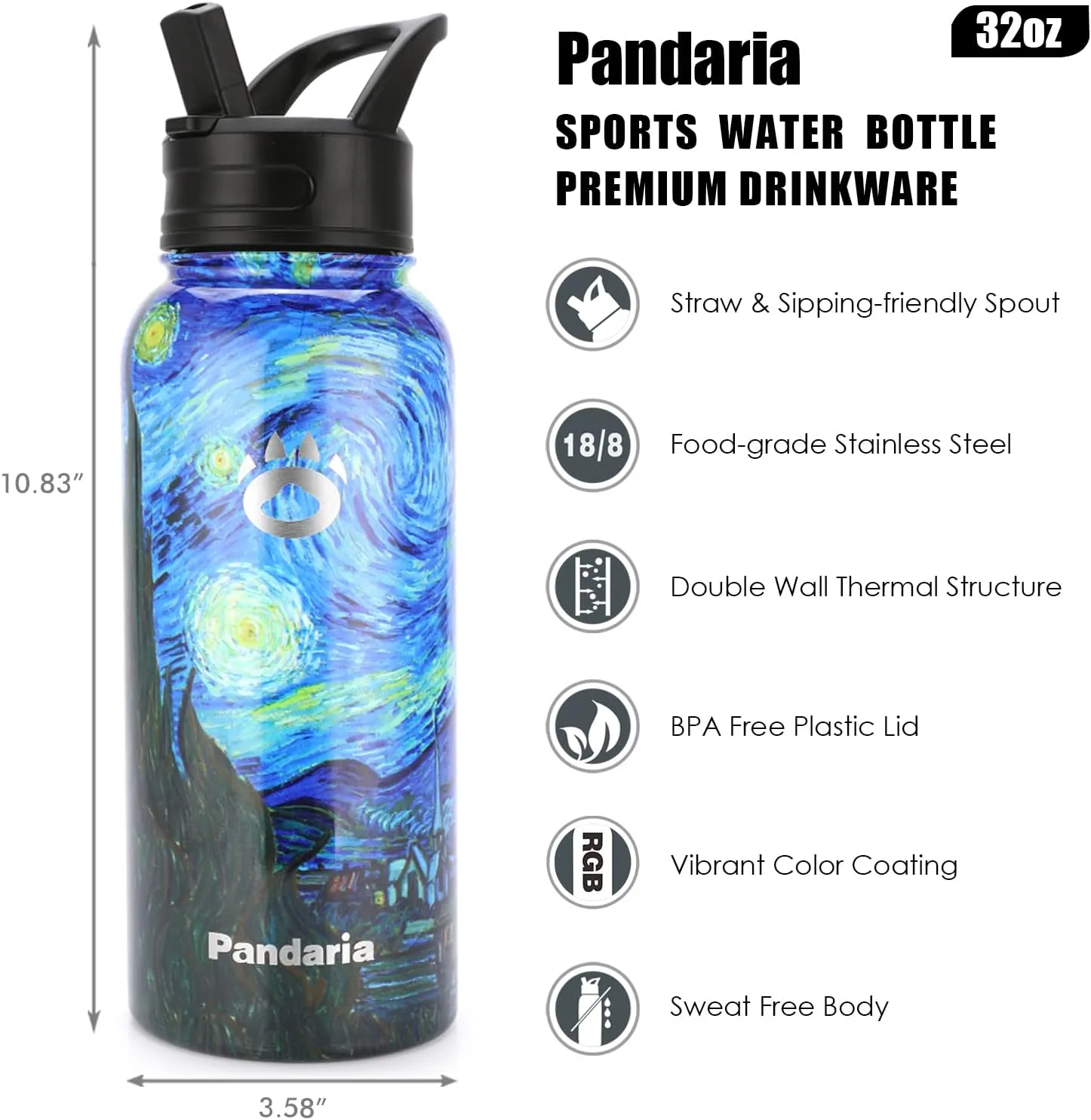 Insulated Water Bottle 32oz, Stainless Steel Water Bottle with Straw & Spout Lids & Paracord Handle