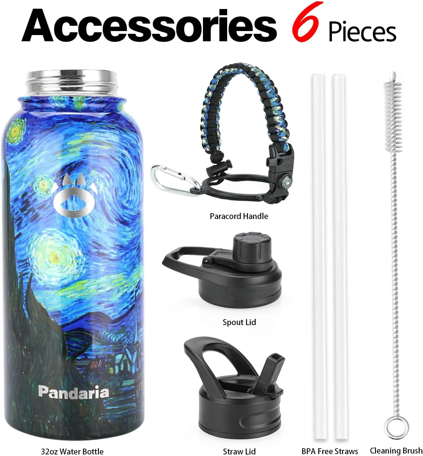 Insulated Water Bottle 32oz, Stainless Steel Water Bottle with Straw & Spout Lids & Paracord Handle