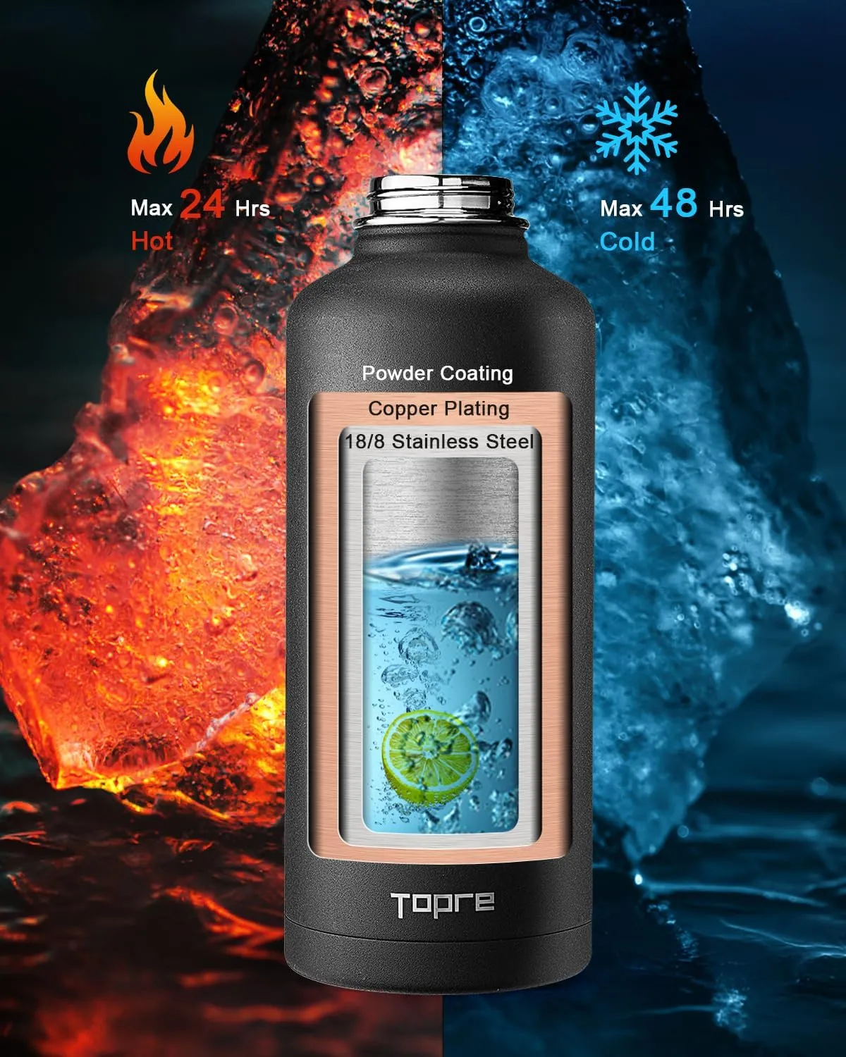 Insulated Water Bottle 87 oz, Stainless Steel Water Bottles Cold for 48 Hrs, Leak Proof & BPA Free, Triple Wall Vacuum Reusable Water Flask Jug for Outdoor Sports Gym Camping, Black