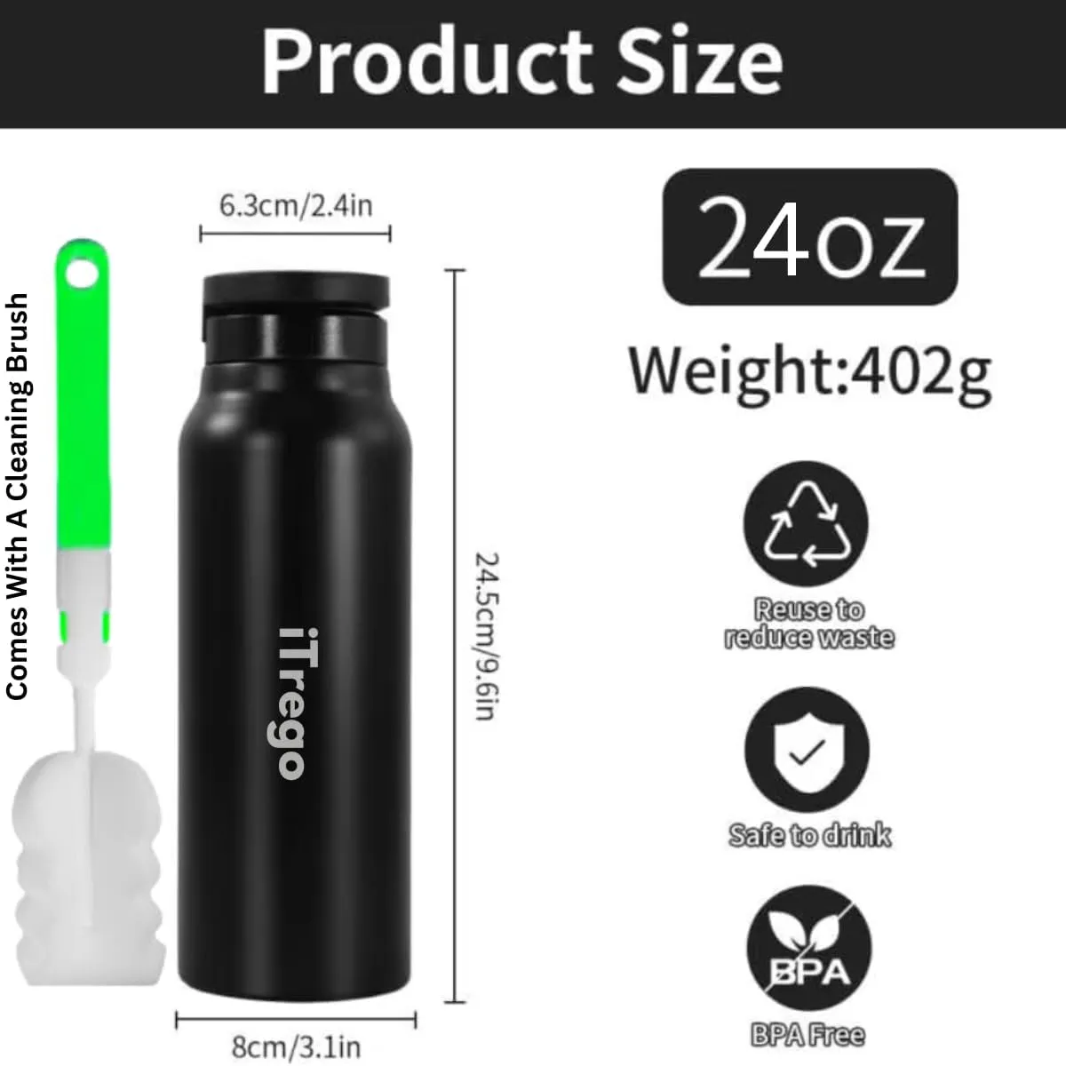 Insulated Water Bottle with Magnetic Phone Holder Lid【2025 Upgraded, 24 Oz Black】- Stainless Steel Mag-safe Bottle with Phone Holder Magnet for Gym, Car, Travel & Sports - Hot & Cold