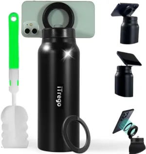 Insulated Water Bottle with Magnetic Phone Holder Lid【2025 Upgraded, 24 Oz Black】- Stainless Steel Mag-safe Bottle with Phone Holder Magnet for Gym, Car, Travel & Sports - Hot & Cold