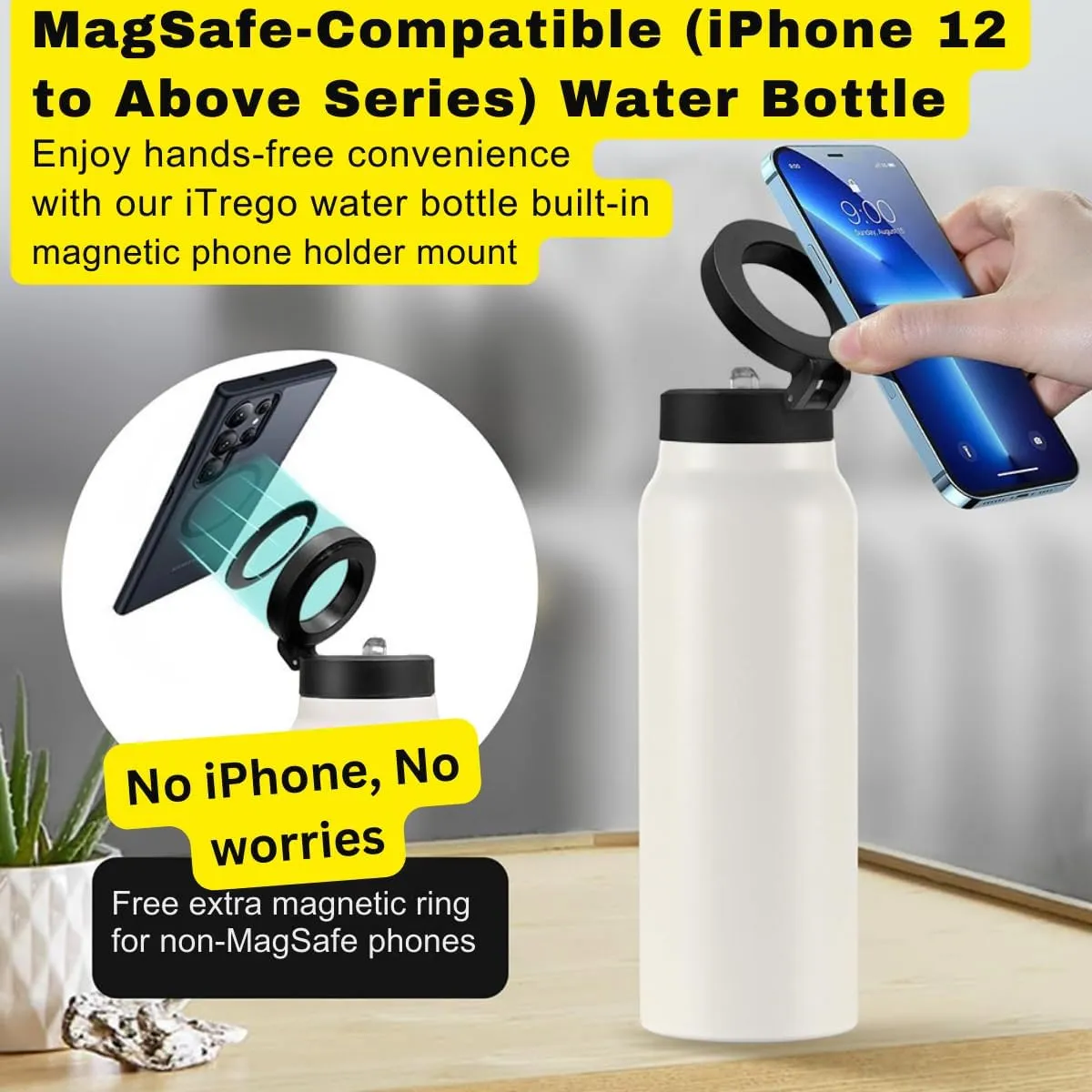 Insulated Water Bottle with Magnetic Phone Holder Lid【2025 Upgraded, 24 Oz Black】- Stainless Steel Mag-safe Bottle with Phone Holder Magnet for Gym, Car, Travel & Sports - Hot & Cold